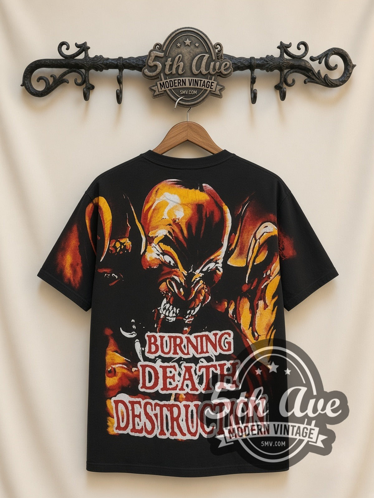 Manowar Hell on Stage all-over-print vintage band t-shirt in black, back view on a display rack