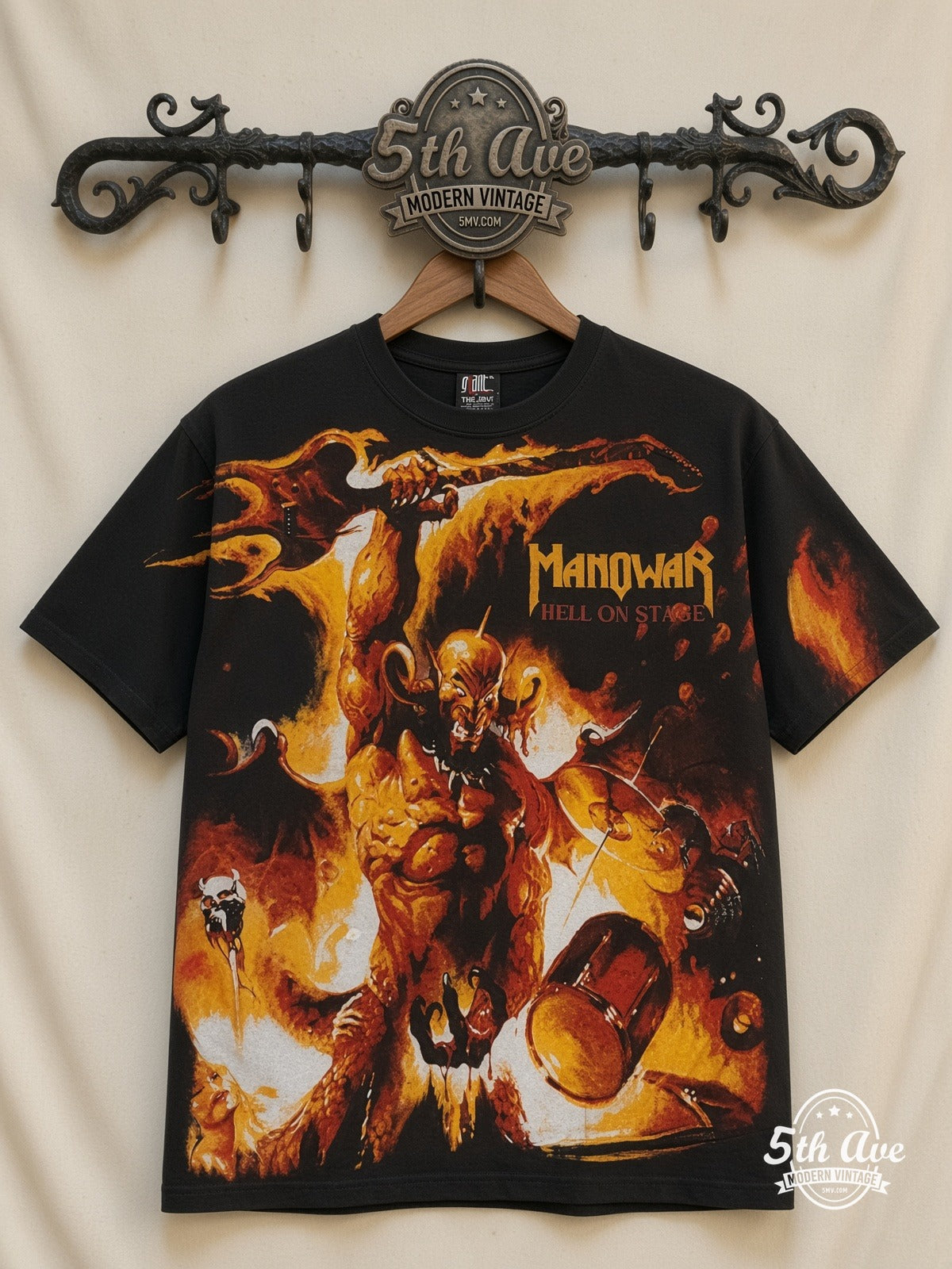 Manowar Burning Death Destruction all over print vintage band t-shirt front on cream 5th Ave rack