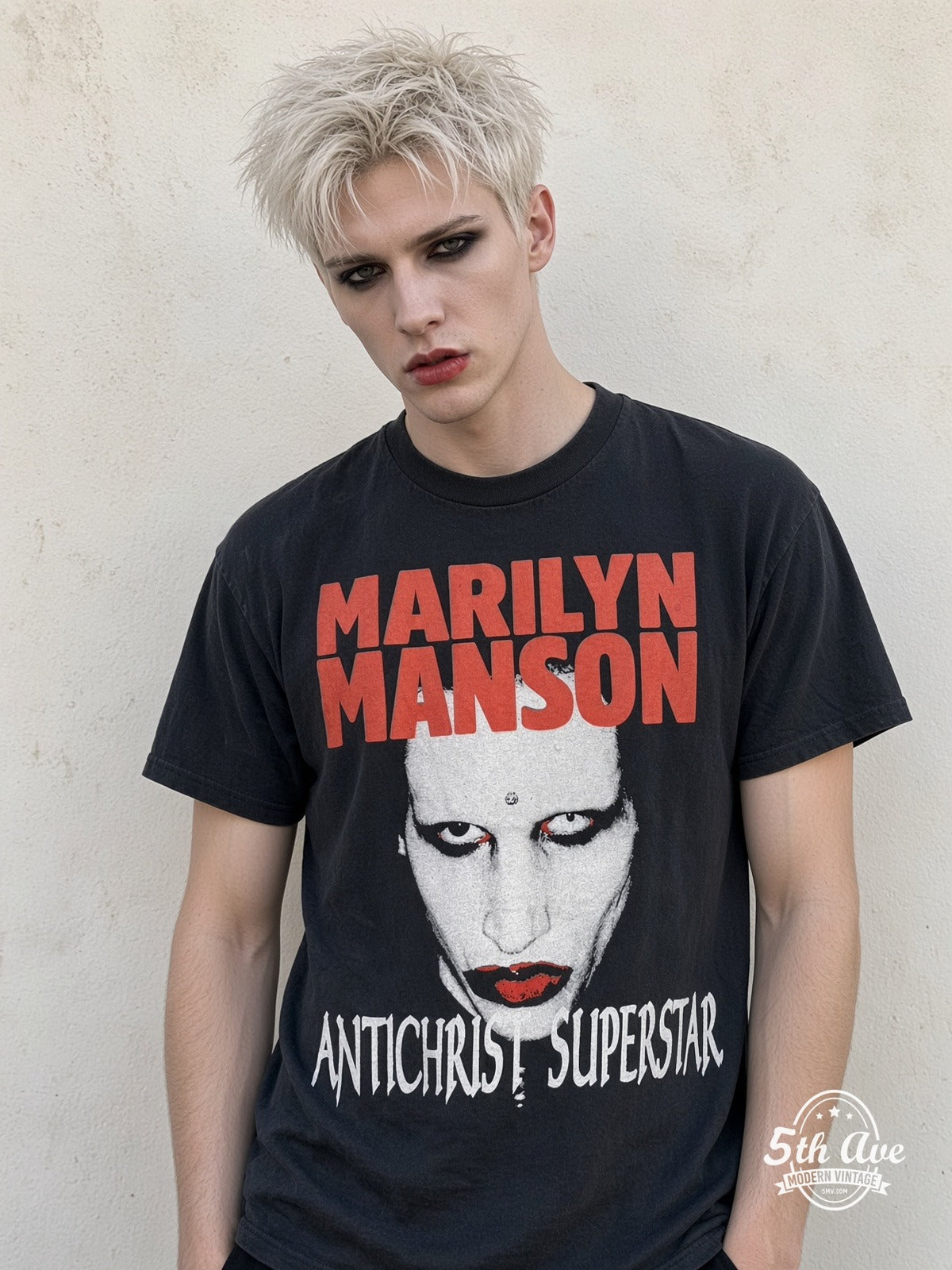 Model wearing Marilyn Manson Antichrist Superstar Tour vintage t-shirt