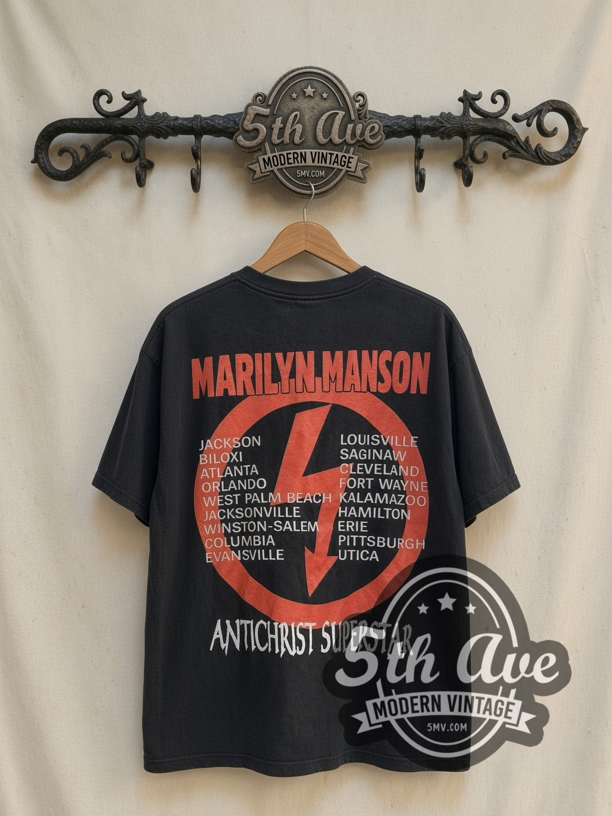 Marilyn Manson Antichrist Superstar Tour vintage band t-shirt, back view on a display rack