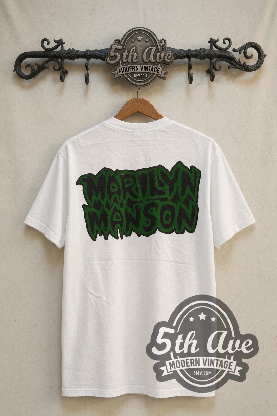 Back print of Marilyn Manson Bathroom Photo & Green Logo vintage band tee on 5th Ave rack