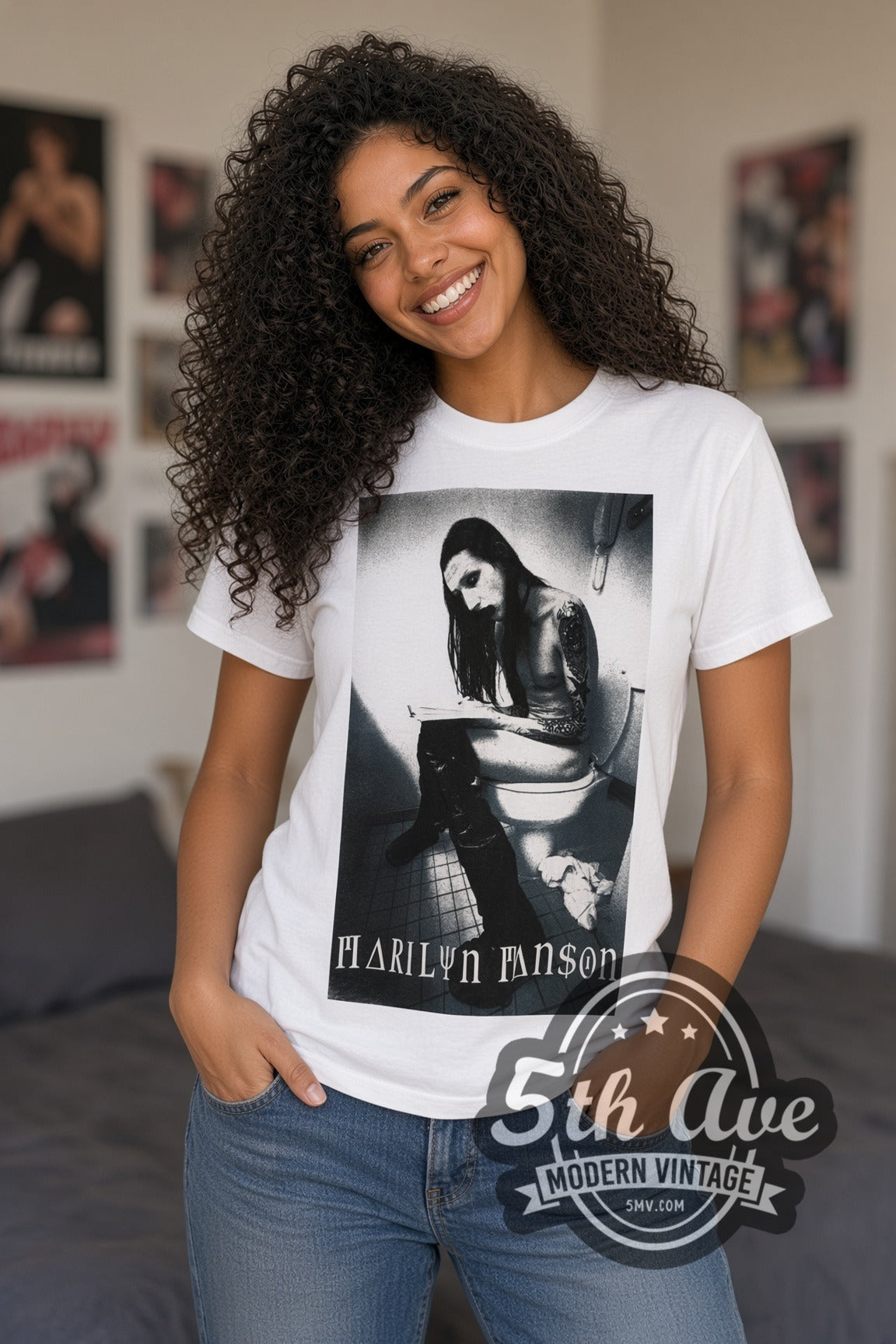 Woman wearing white Marilyn Manson Bathroom Photo & Green Logo vintage band t-shirt