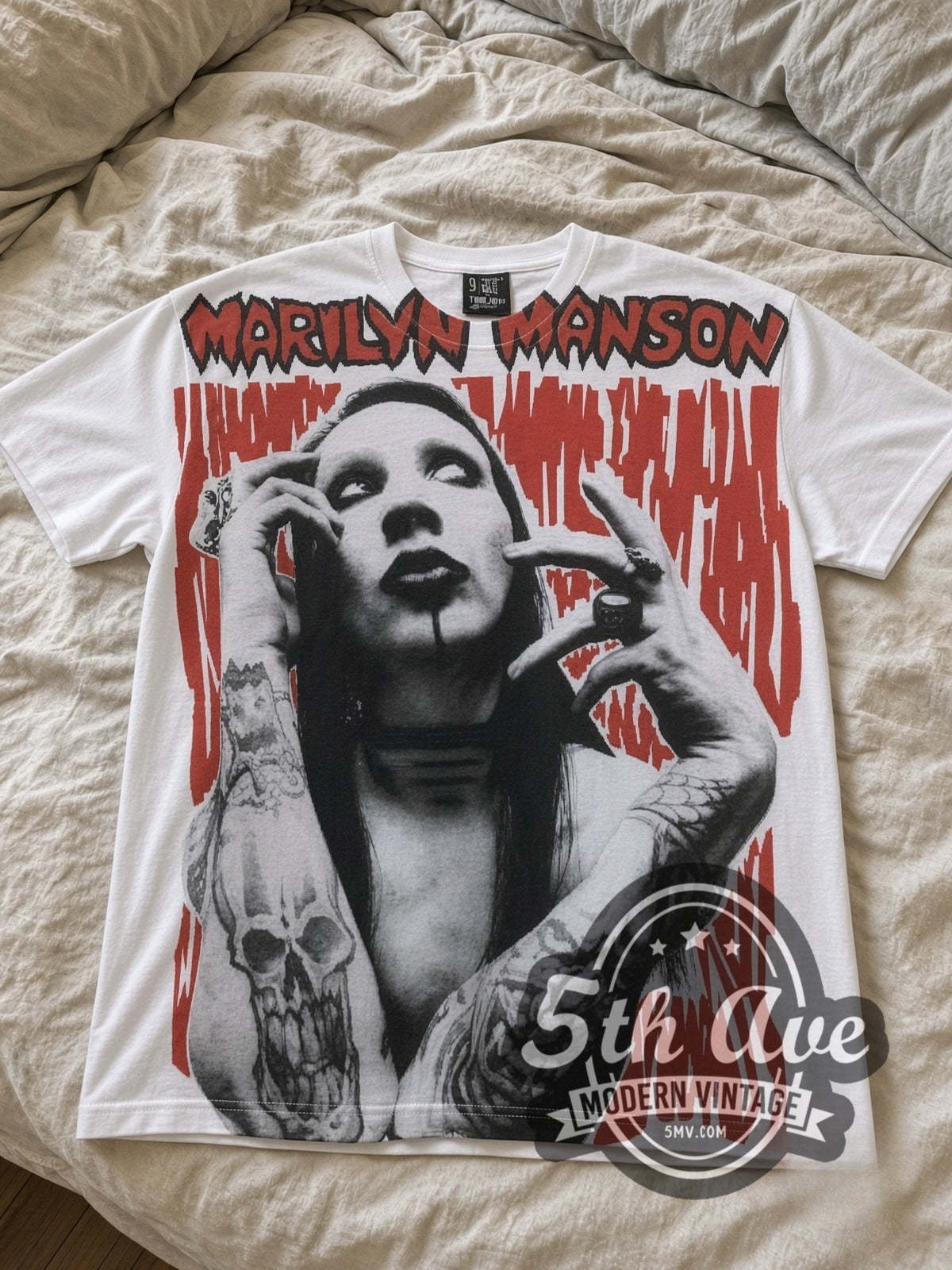 Marilyn Manson Face Closeup all-over-print vintage band tee laid flat