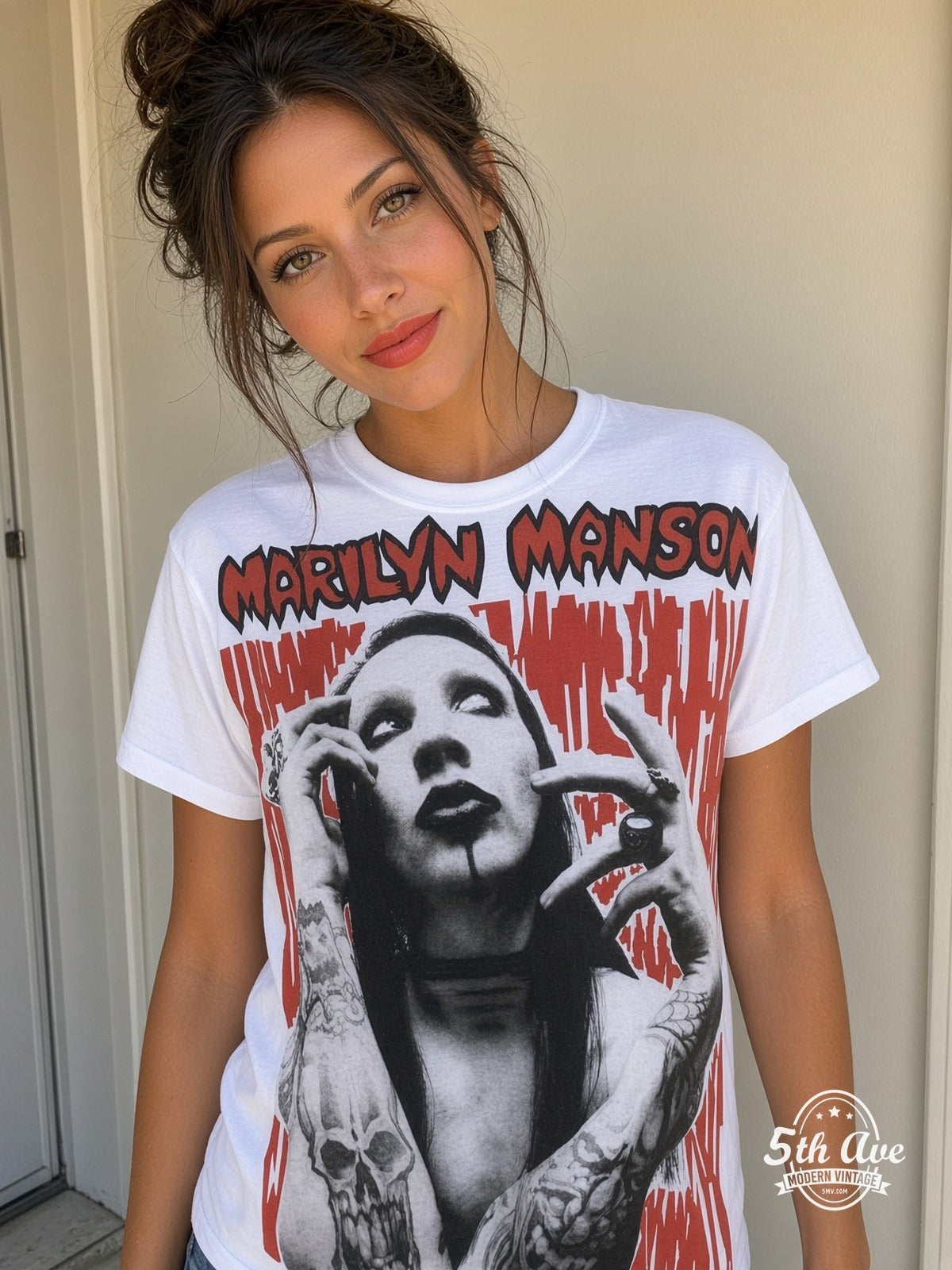 Marilyn Manson Face Closeup all over print vintage tee model wearing