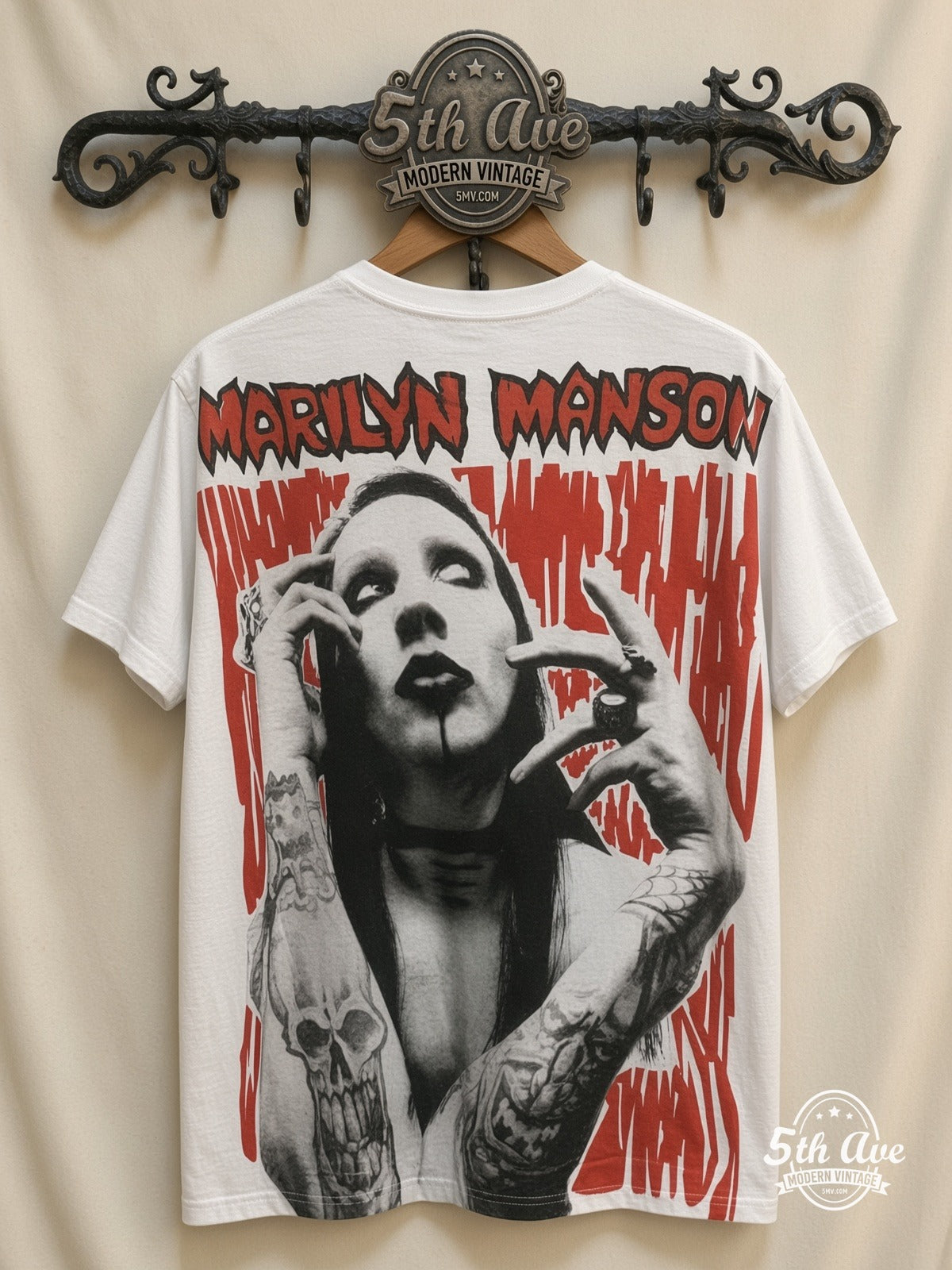 Marilyn Manson Face Closeup all over print vintage tee back on cream 5th Ave rack