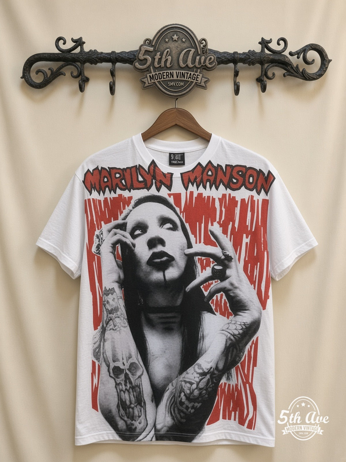 Marilyn Manson Face Closeup all over print vintage band t-shirt front on cream 5th Ave rack