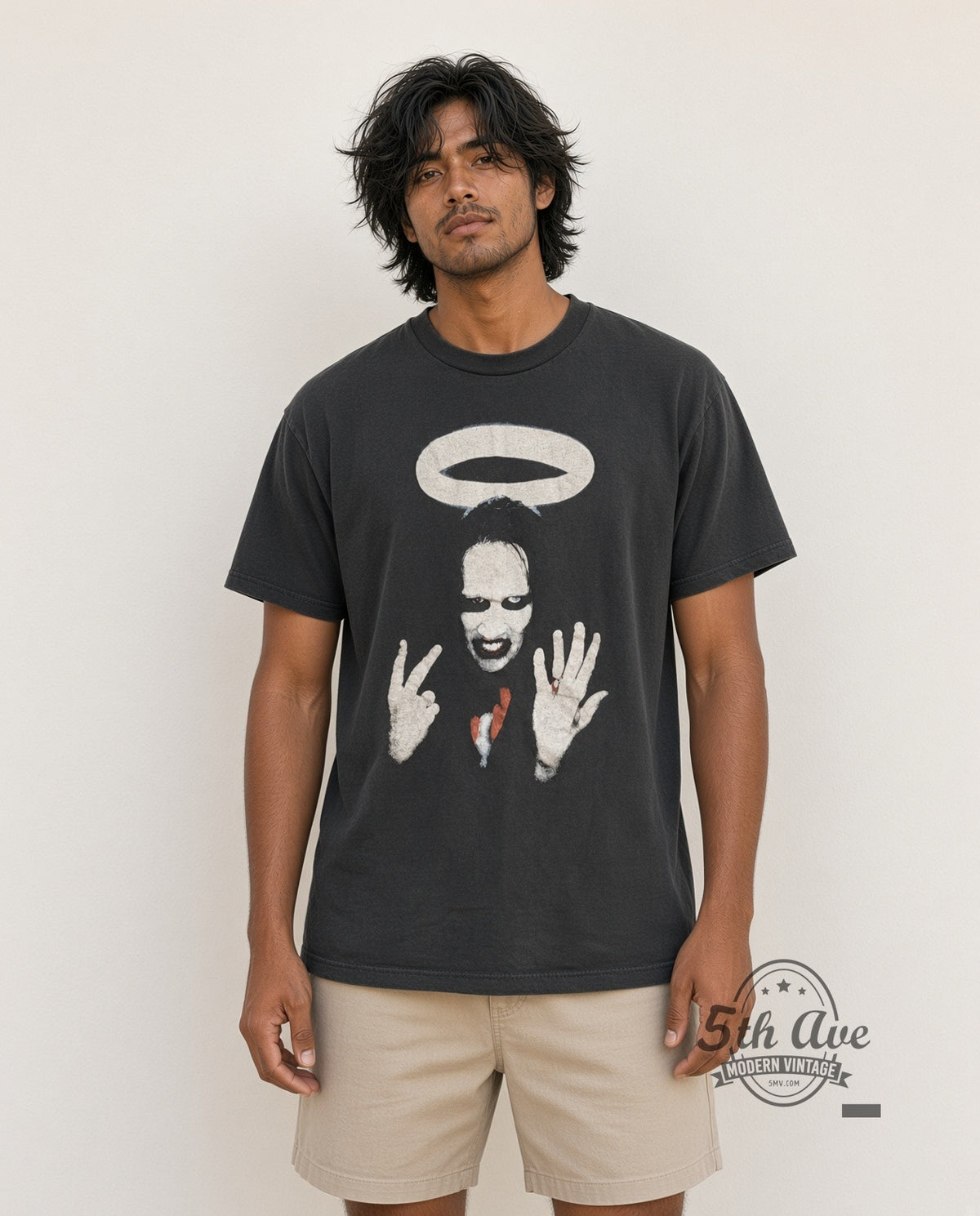 Model wearing Marilyn Manson Halo Middle Fingers vintage band t-shirt