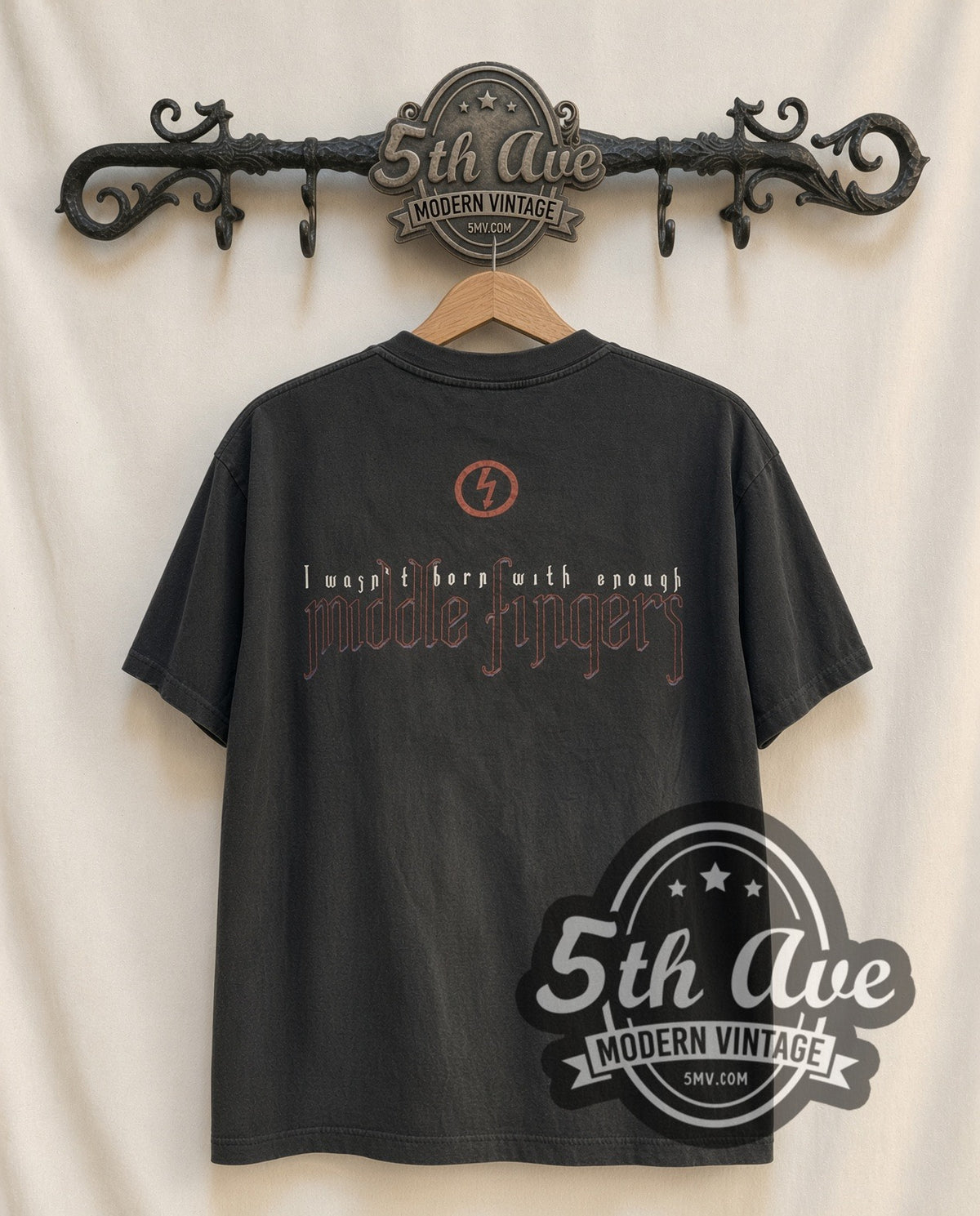 Marilyn Manson Halo Middle Fingers vintage band t-shirt, back view on a display rack