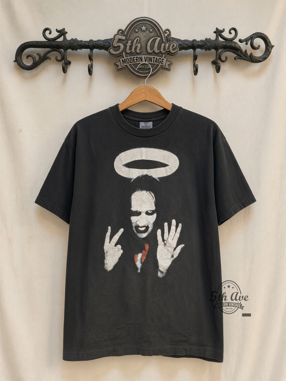 Marilyn Manson Halo Middle Fingers vintage band t-shirt front on cream 5th Ave rack