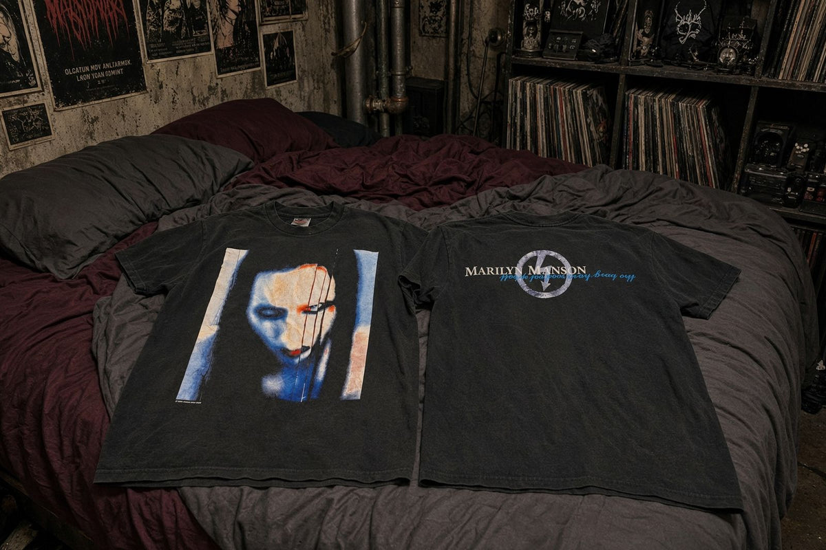 Marilyn Manson The Long Hard Road Out of Hell vintage band t-shirt on bed