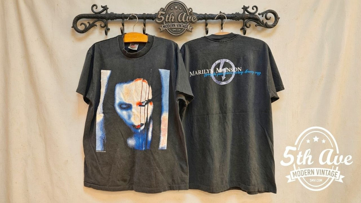 Marilyn Manson The Long Hard Road Out of Hell vintage band t-shirt front and back on rack