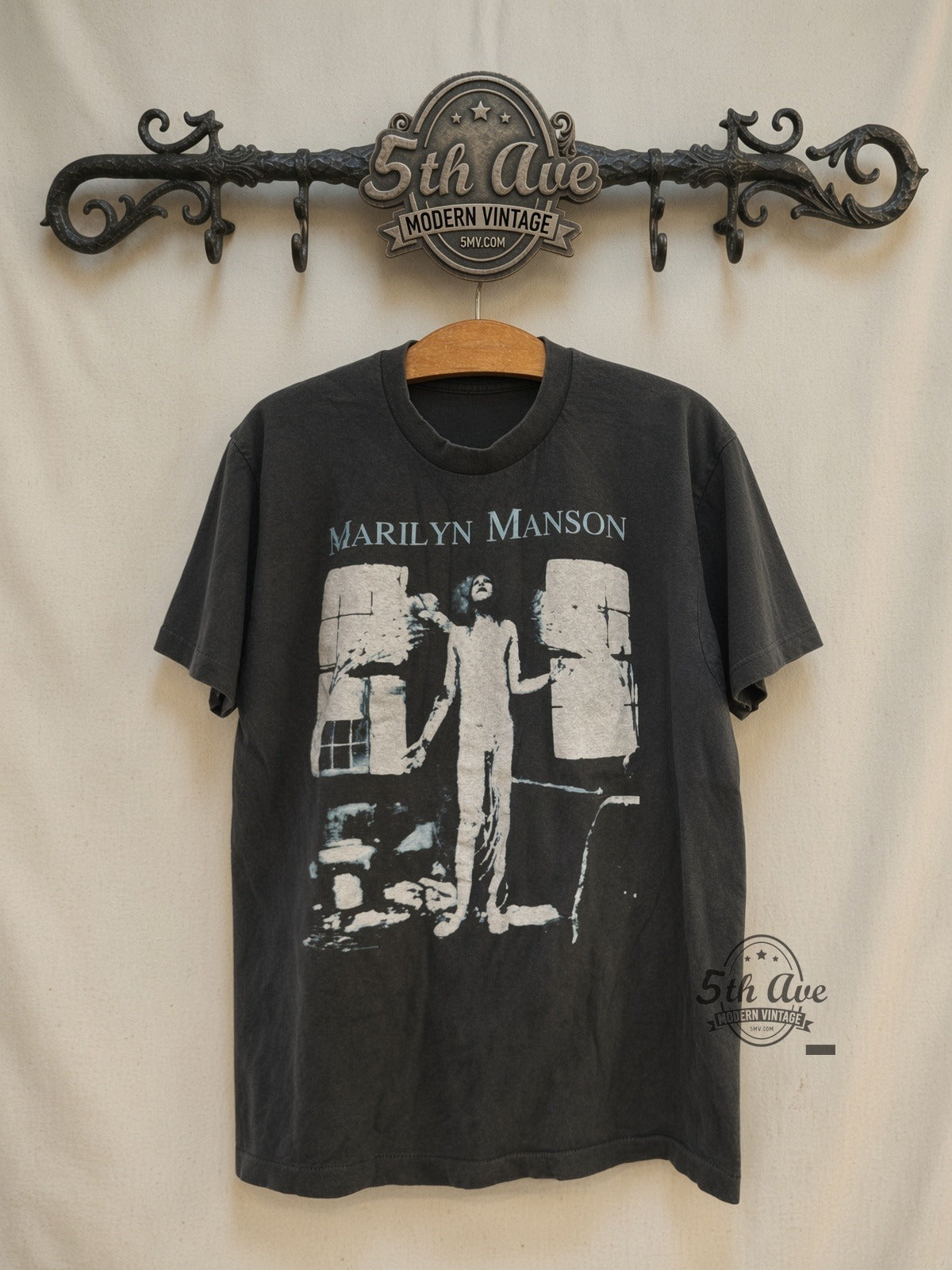 Marilyn Manson Photo Front Winged Skeleton Back vintage band t-shirt front on cream 5th Ave rack