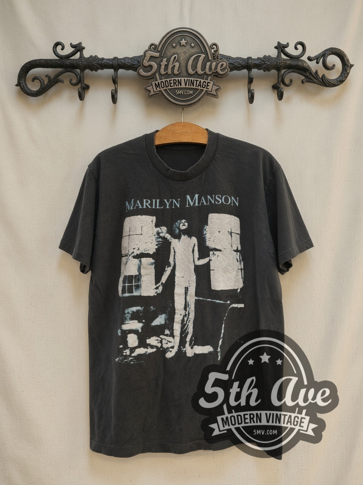 Marilyn Manson Photo Front Winged Skeleton Back vintage band t-shirt front on the 5MV rack