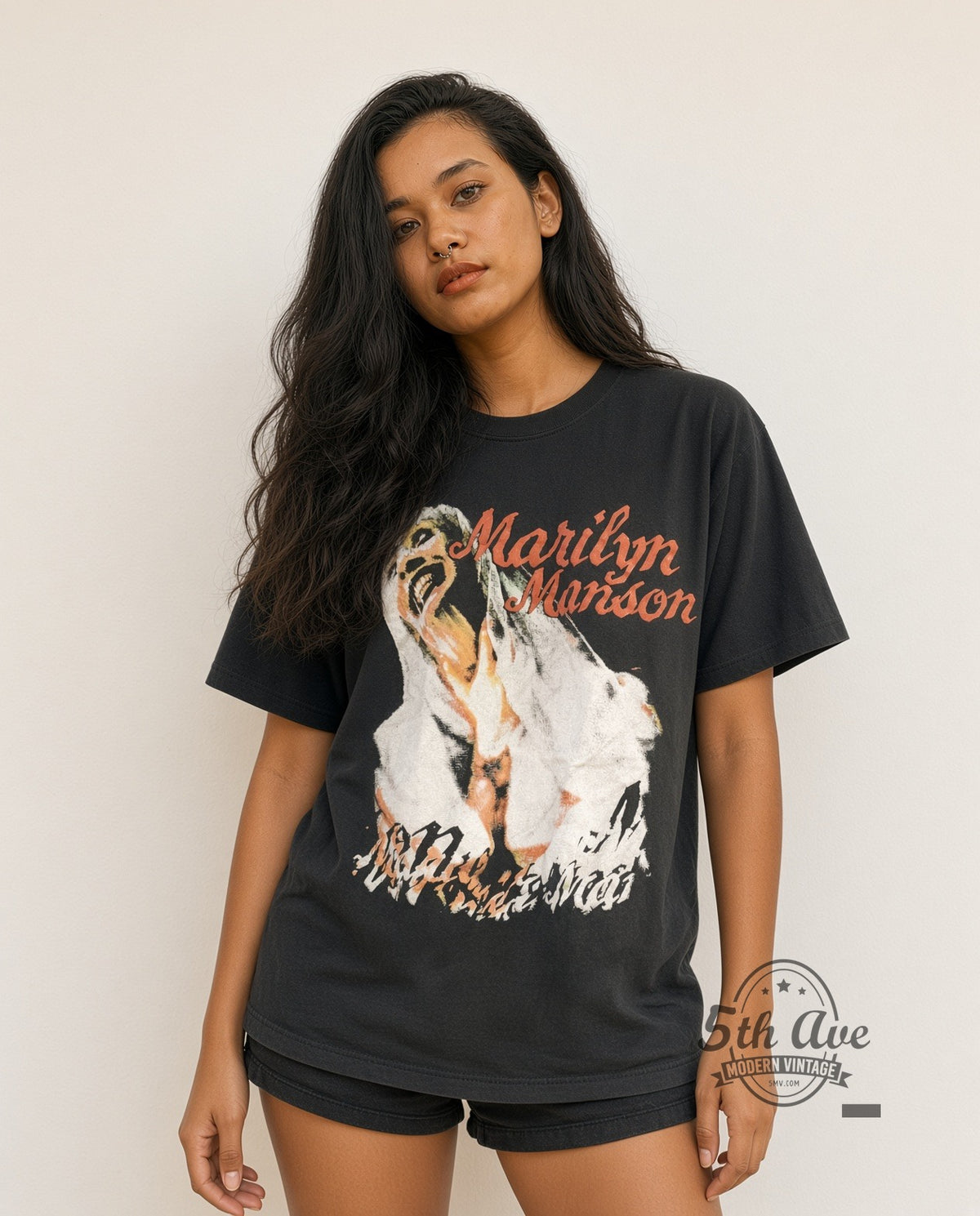 Model wearing Marilyn Manson Sweet Dreams Screaming Portrait vintage band t-shirt