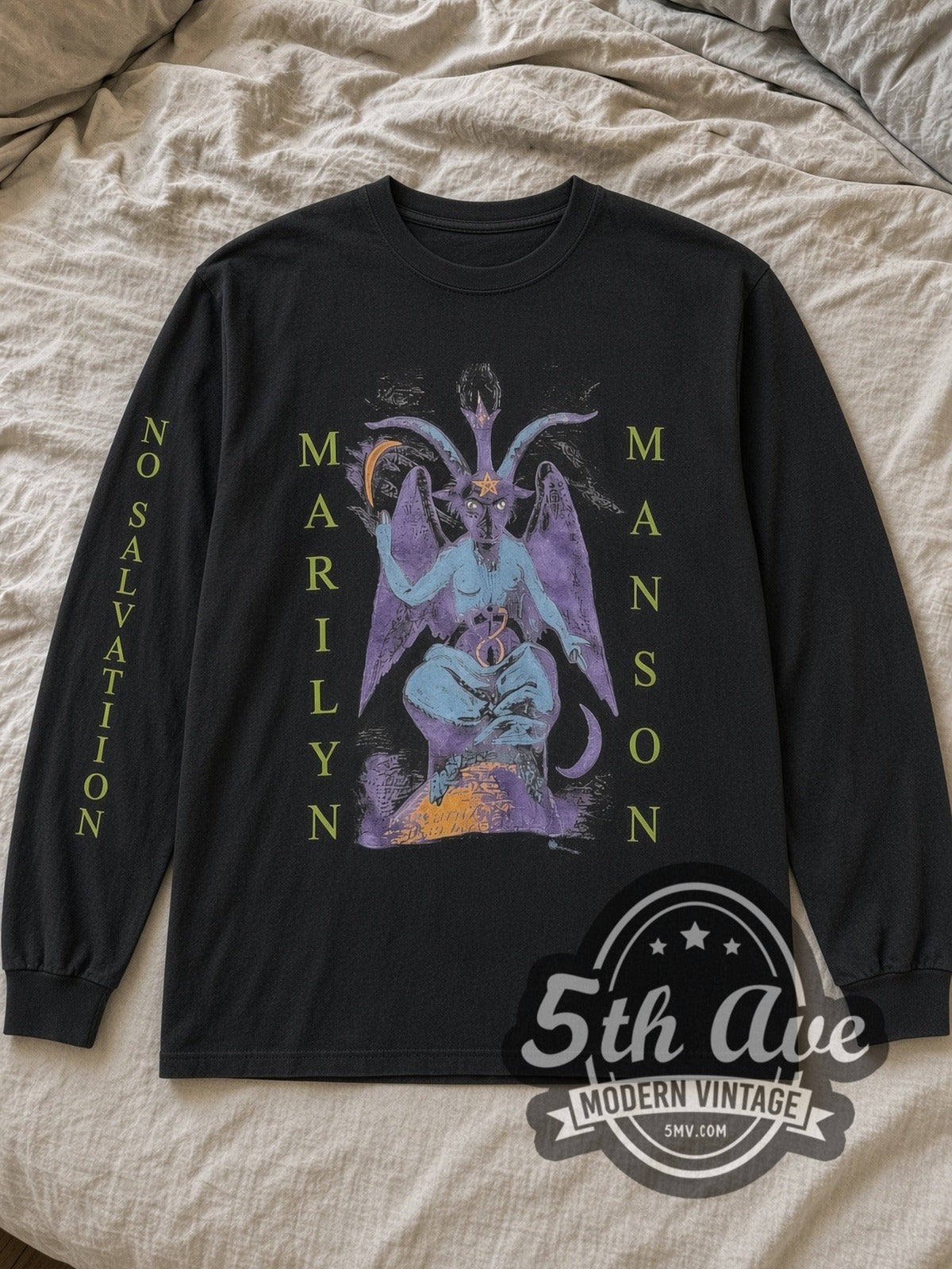 Black Marilyn Manson The Reflecting God / When I'm God Vintage Band Long Sleeve T-Shirt laid flat on a linen bed