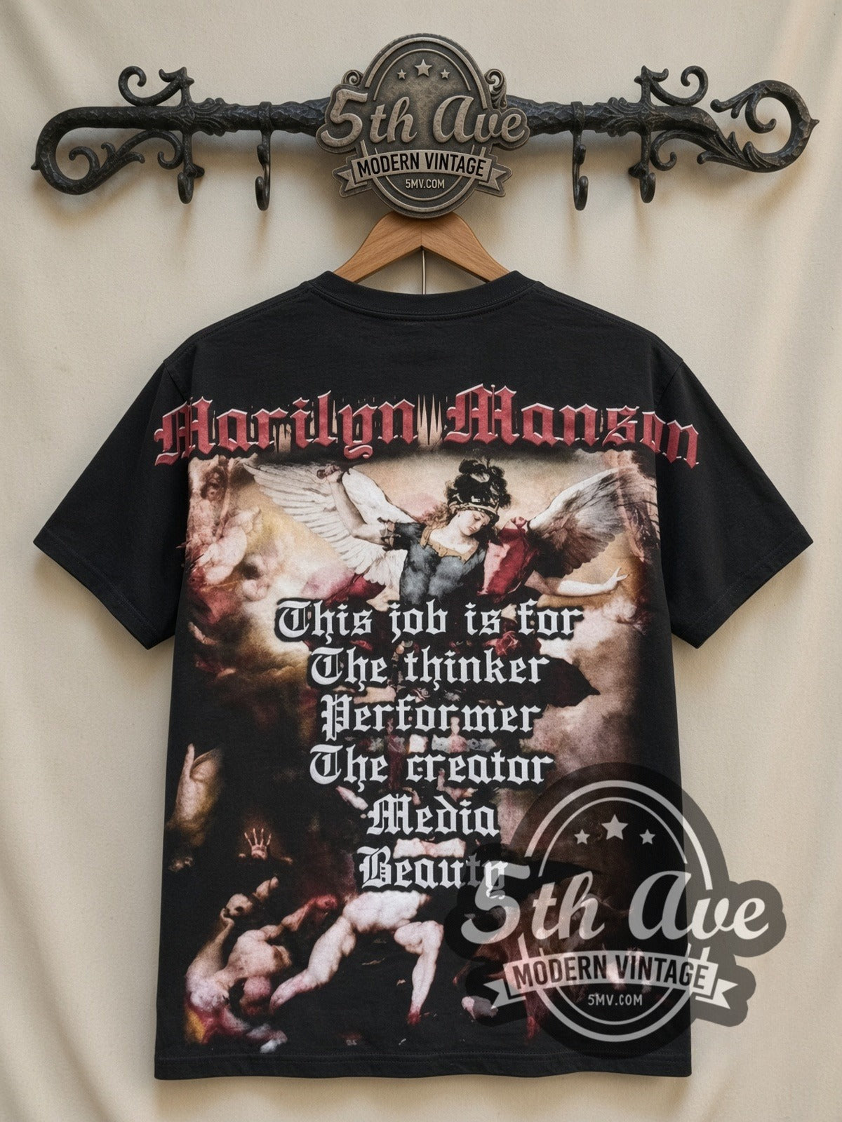 Marilyn Manson Thinker Performer all-over-print vintage band t-shirt in black, back view on a display rack