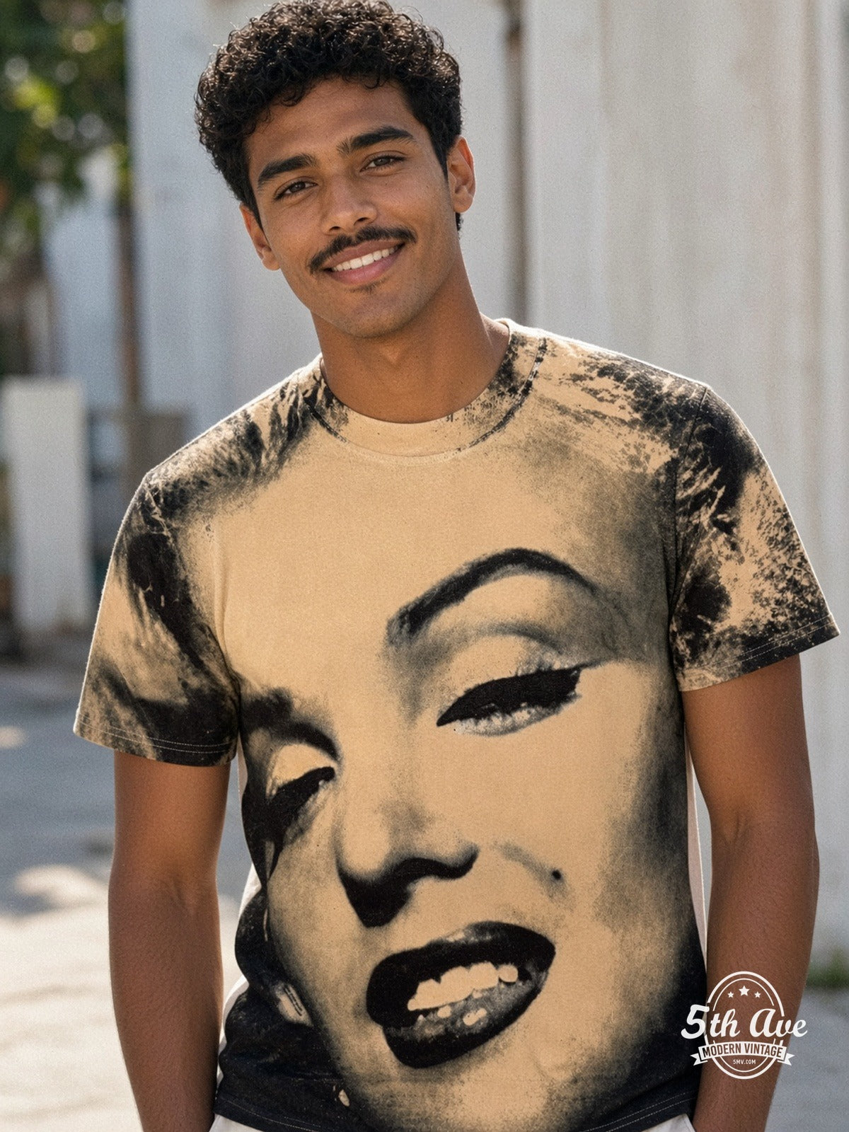 Marilyn Monroe Face Closeup Cream all over print vintage tee model wearing