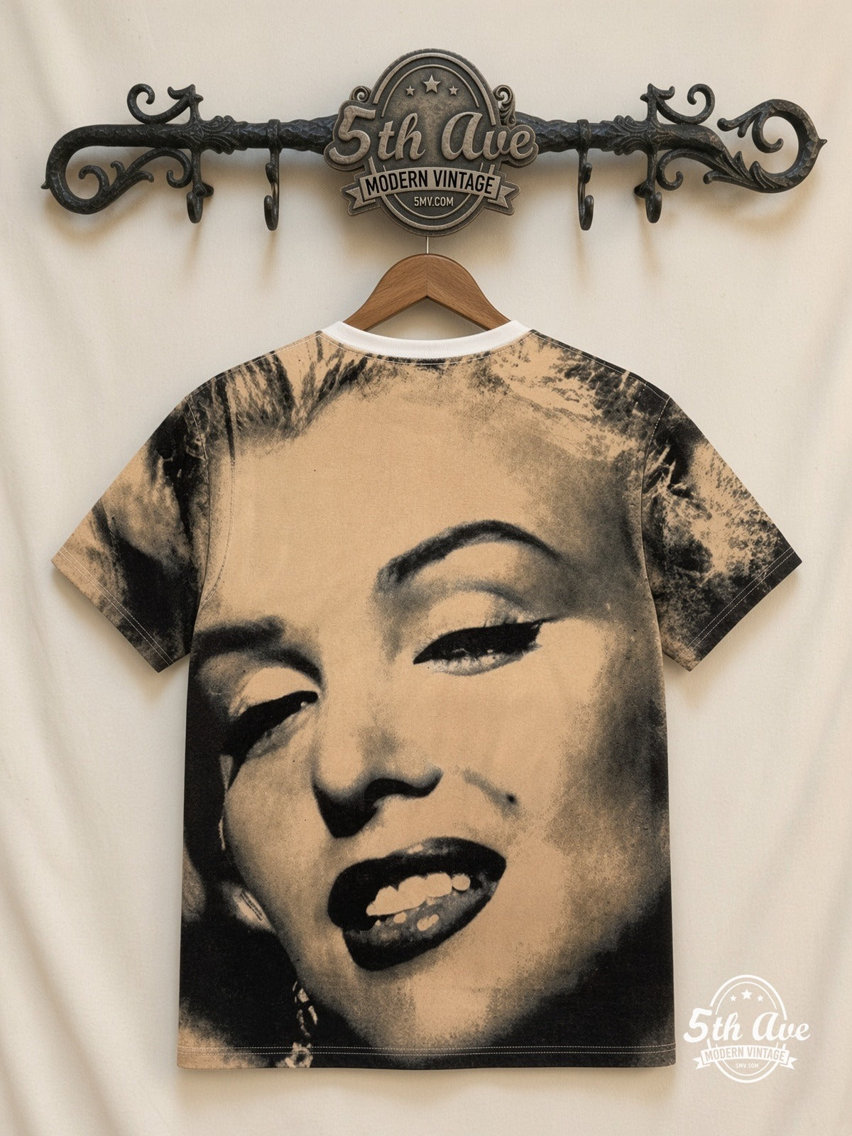 Marilyn Monroe Face Closeup Cream all over print vintage tee back on cream 5th Ave rack