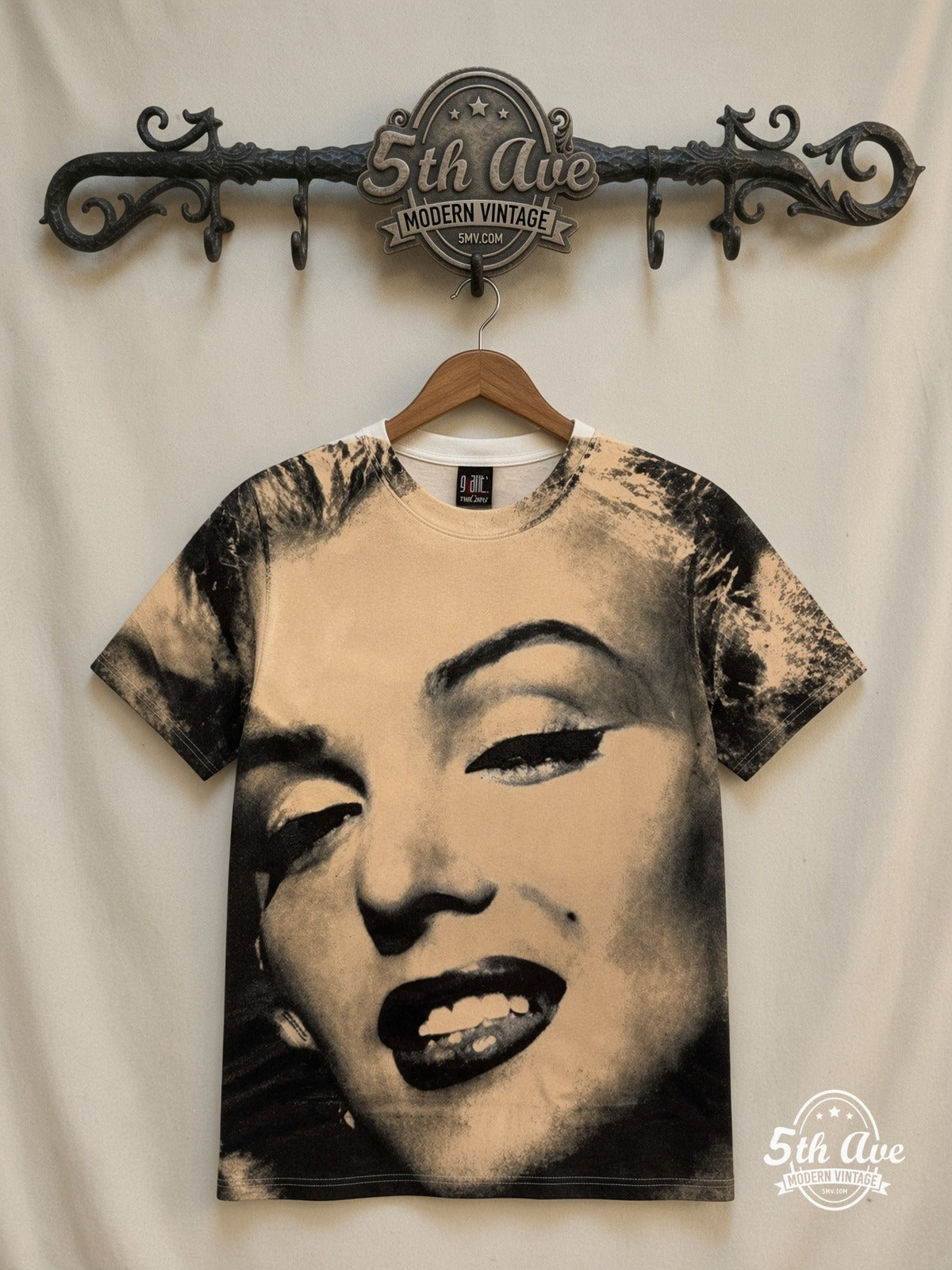 Marilyn Monroe Face Closeup Cream all over print vintage graphic tee front on cream 5th Ave rack
