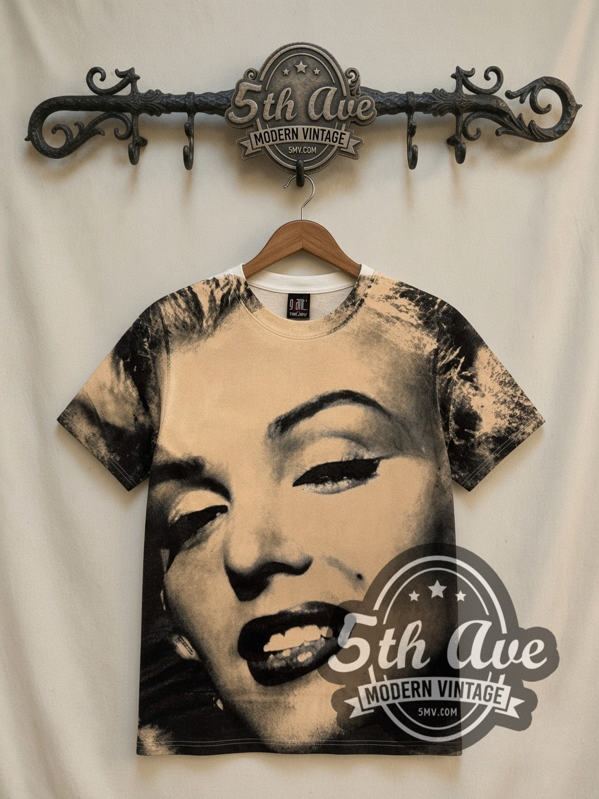 Marilyn Monroe Face Closeup Cream all-over-print vintage graphic tee, front view on a display rack