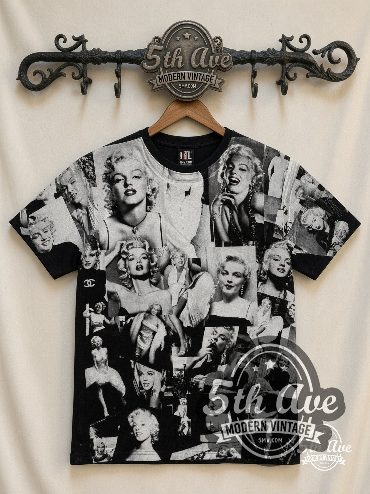 Marilyn Monroe Photo Collage all-over-print vintage graphic tee in black, front view on a display rack