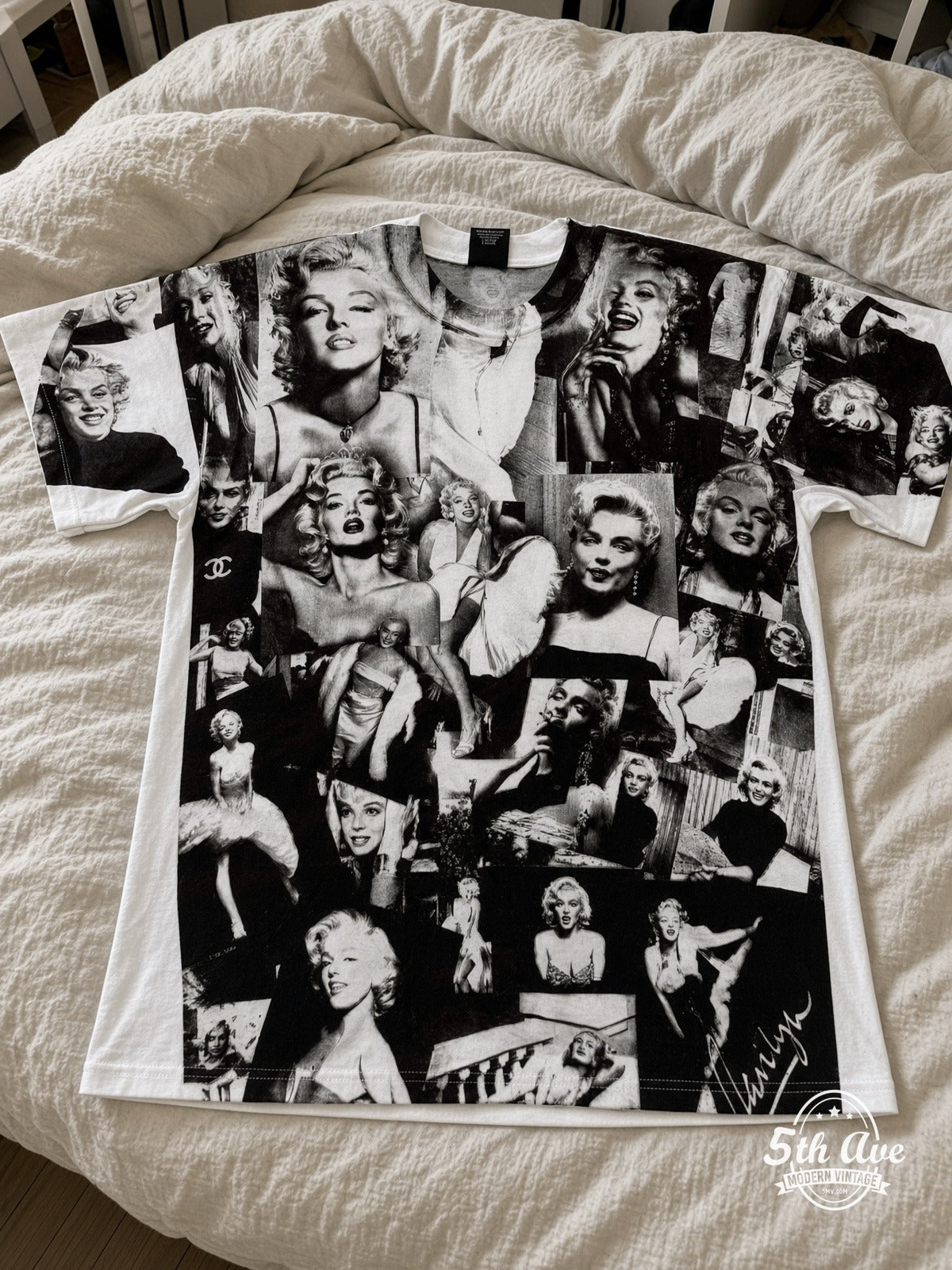 Marilyn Monroe Photo Collage White all over print vintage tee laid on bed