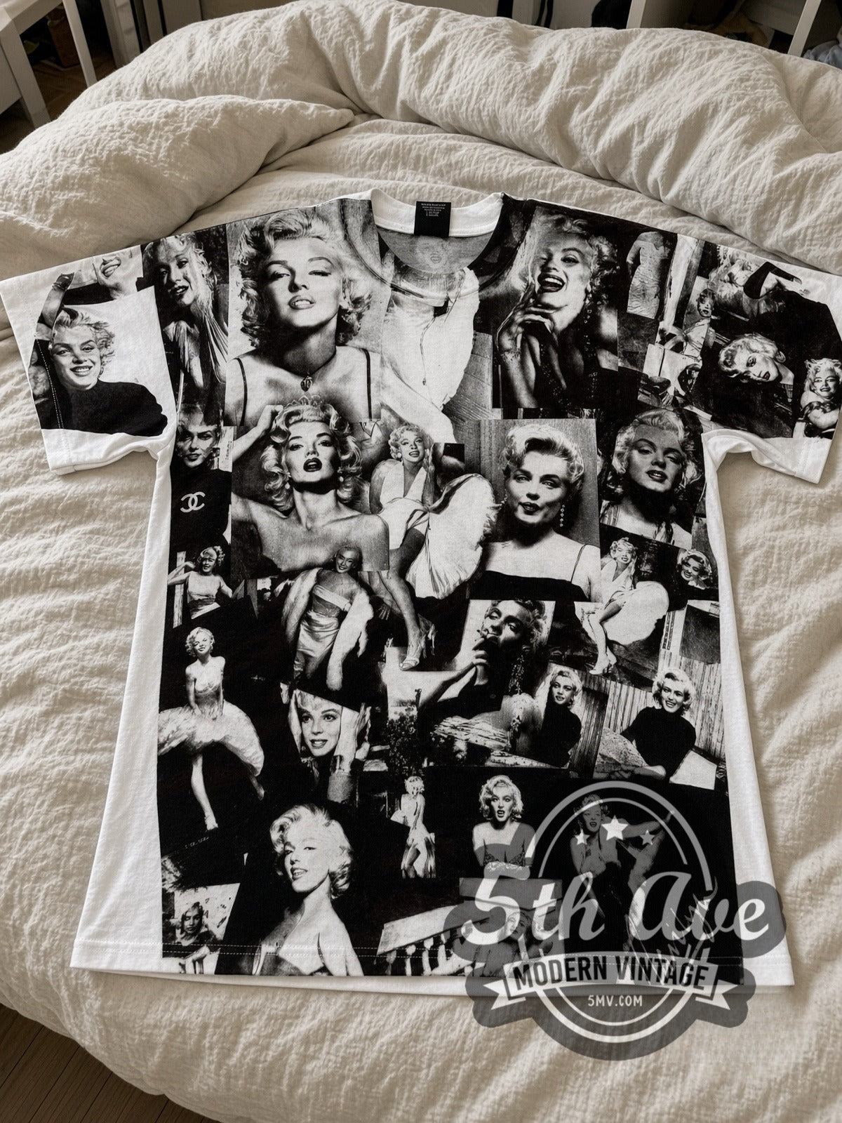 Marilyn Monroe Photo Collage White all-over-print vintage graphic tee laid flat