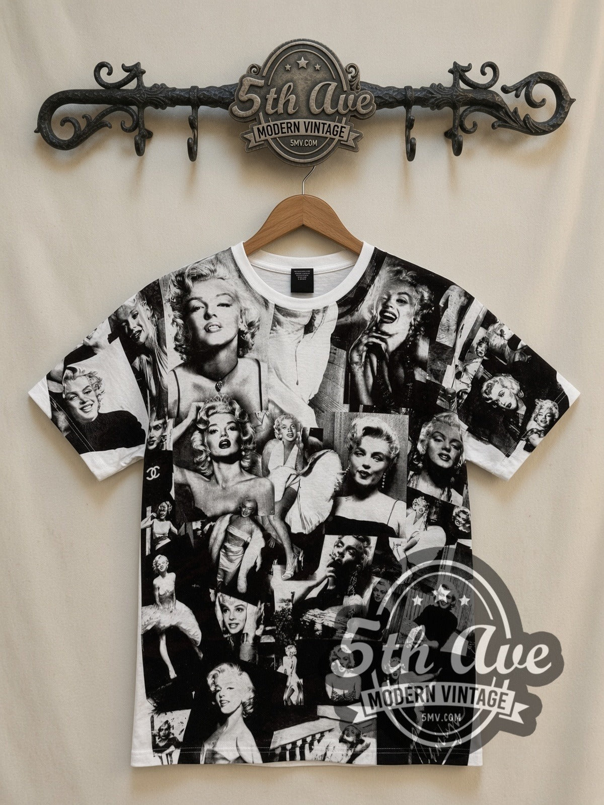 Marilyn Monroe Photo Collage all-over-print vintage graphic tee in white, front view on a display rack