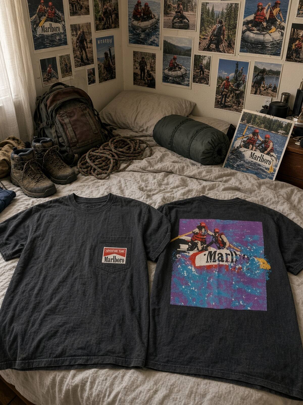 Marlboro Adventure Team vintage graphic tee on bed