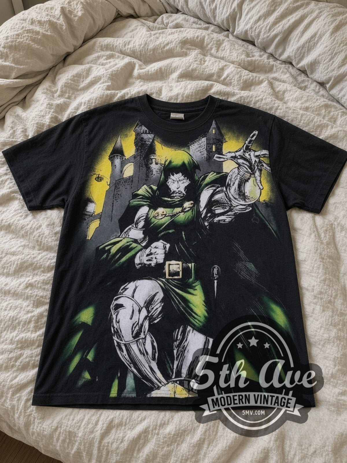 Marvel Dr. Doom Castle Energy all-over-print vintage cartoon tee in black laid flat