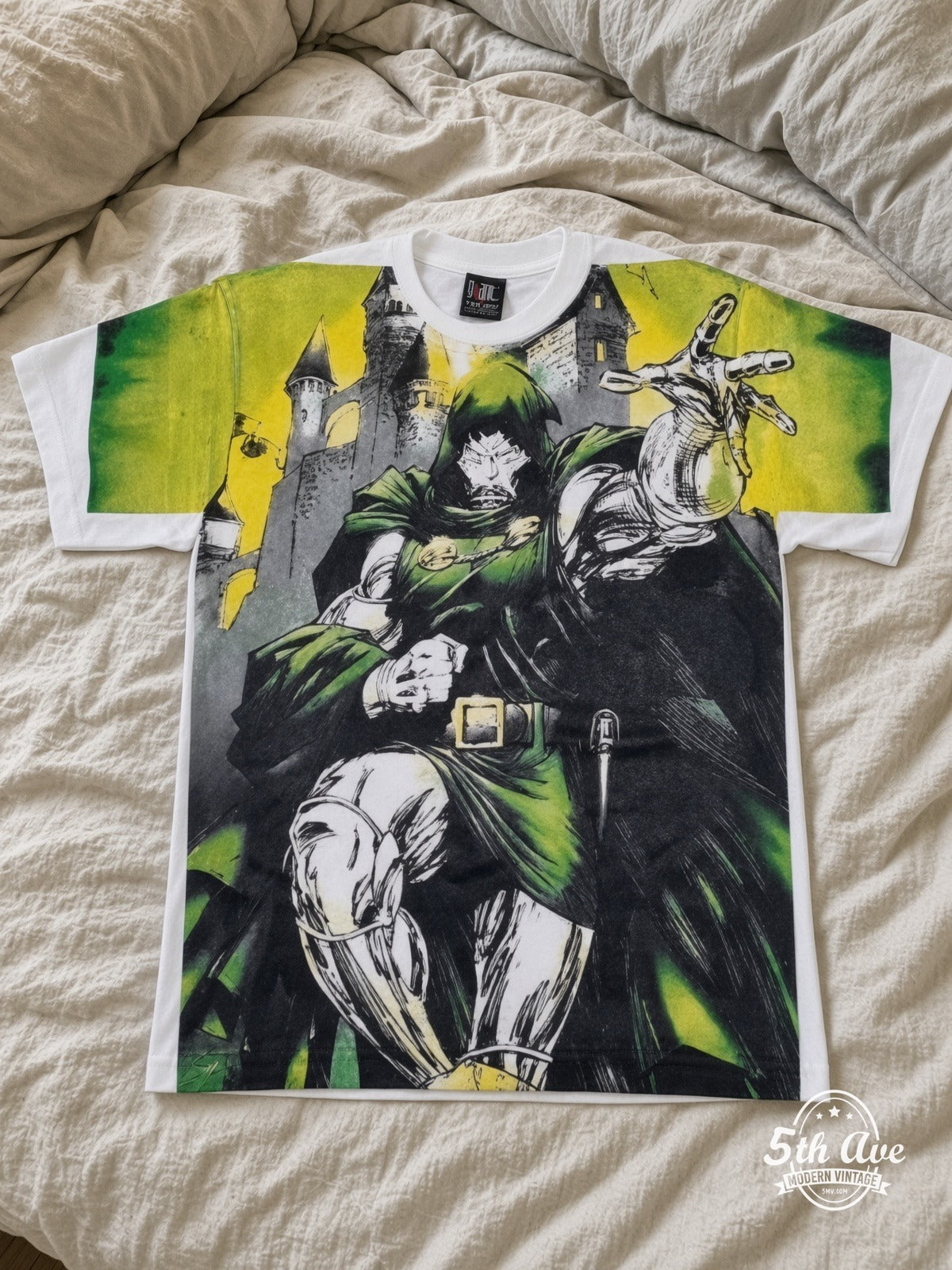 Marvel Dr Doom Castle Energy vintage tee laid on bed