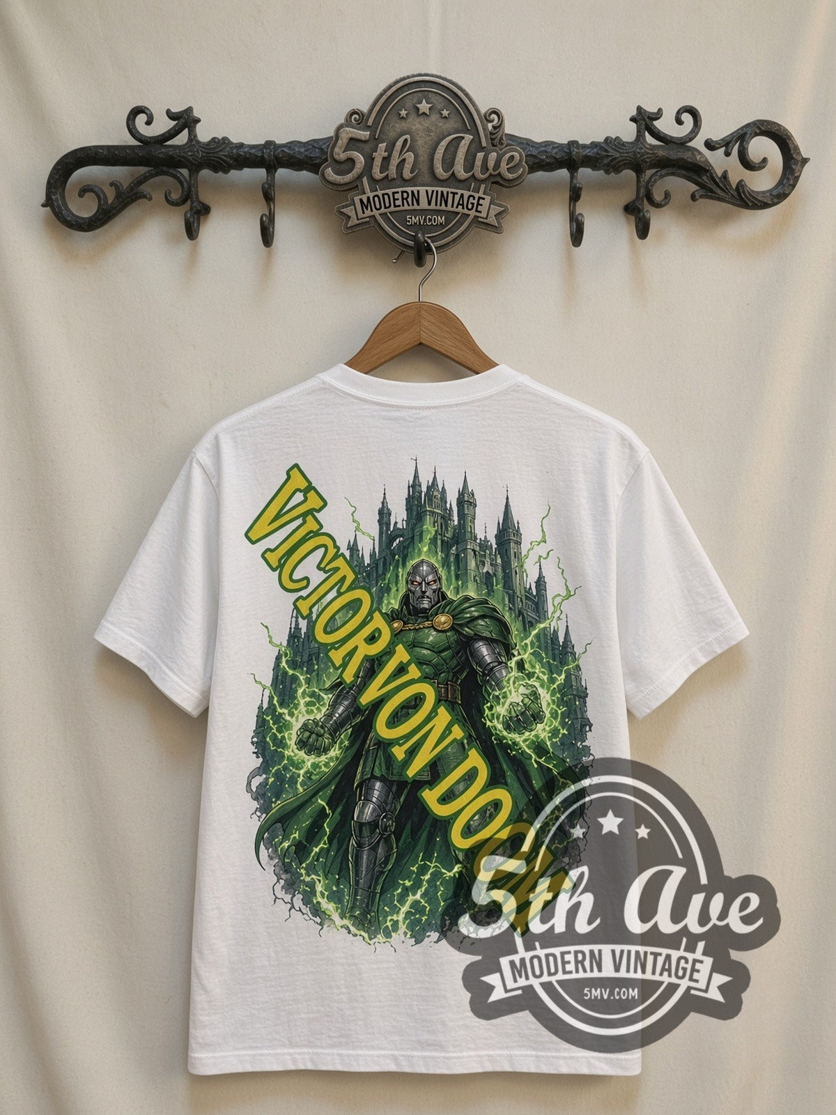 Marvel Dr. Doom Castle Energy all-over-print vintage cartoon t-shirt in white, back view on a display rack