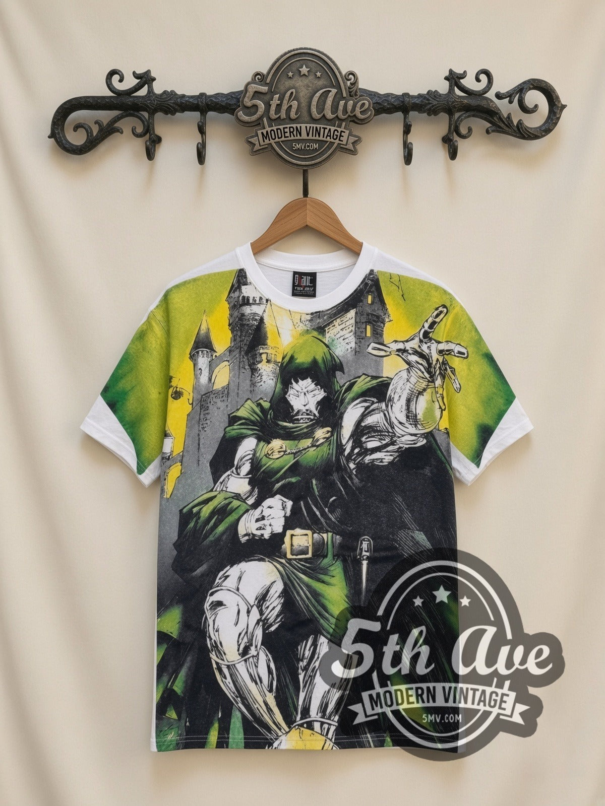 Marvel Dr. Doom Castle Energy all-over-print vintage cartoon t-shirt in white, front view on a display rack
