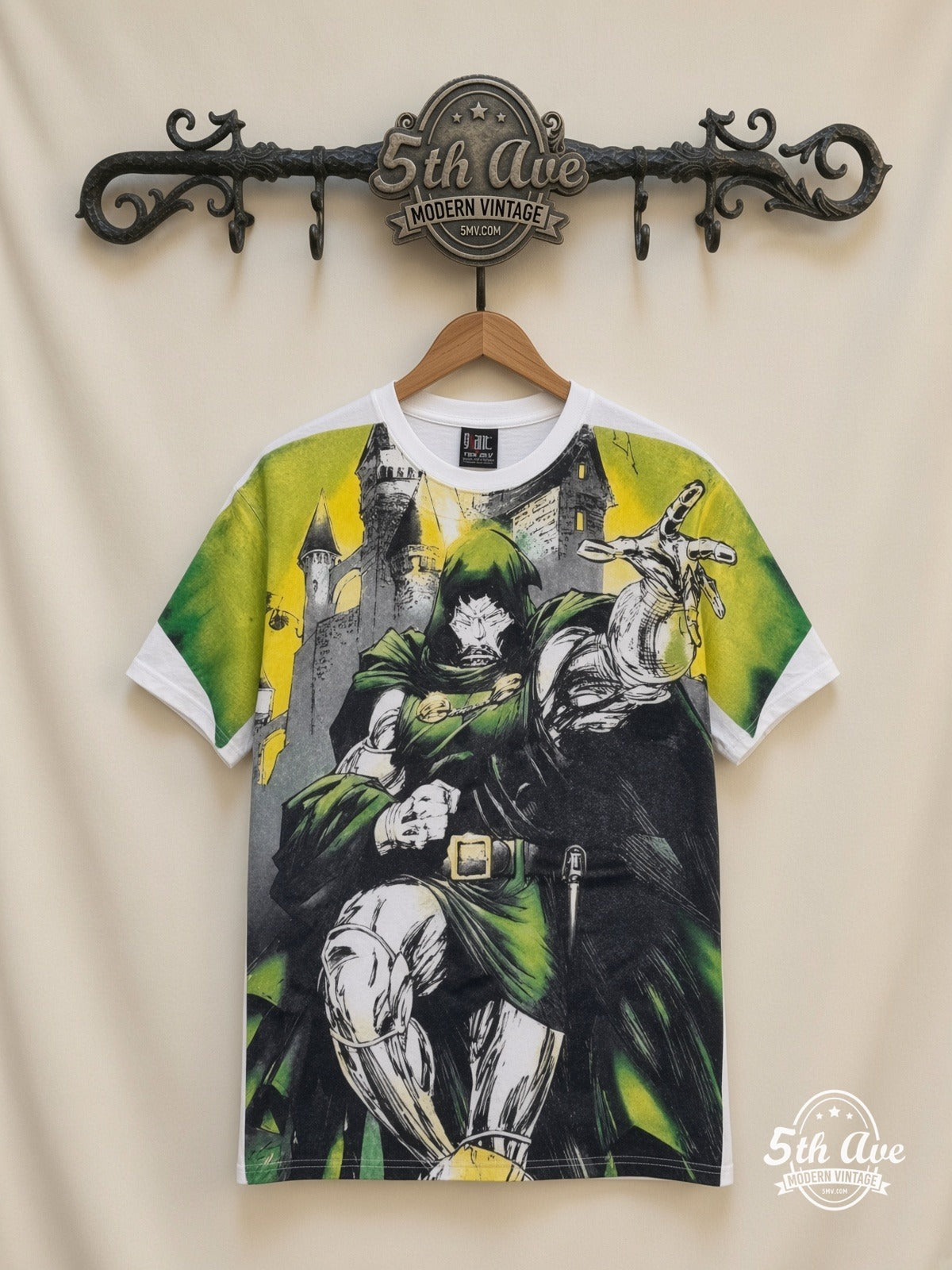 Marvel Dr Doom Castle Energy all over print vintage cartoon t-shirt front on cream 5th Ave rack