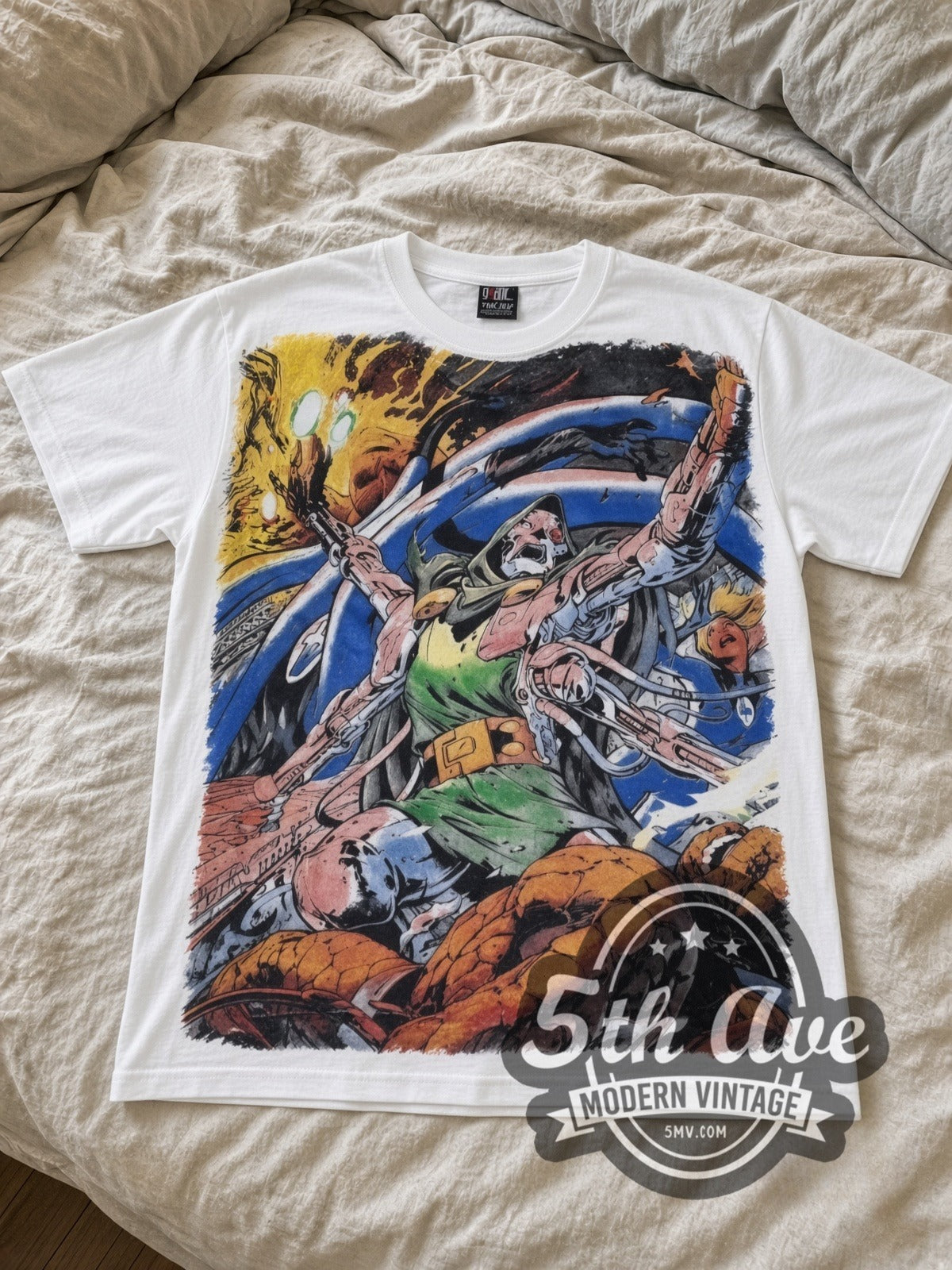 Marvel Dr. Doom Cosmic Battle all-over-print vintage cartoon tee in white laid flat