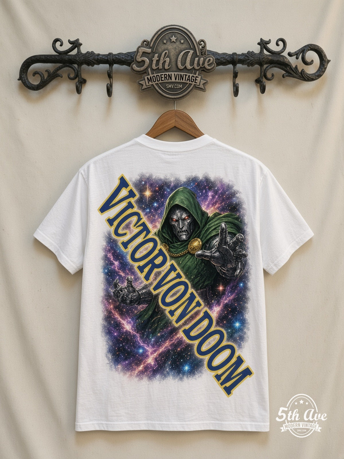Marvel Dr Doom Cosmic Battle all over print vintage tee back on cream 5th Ave rack