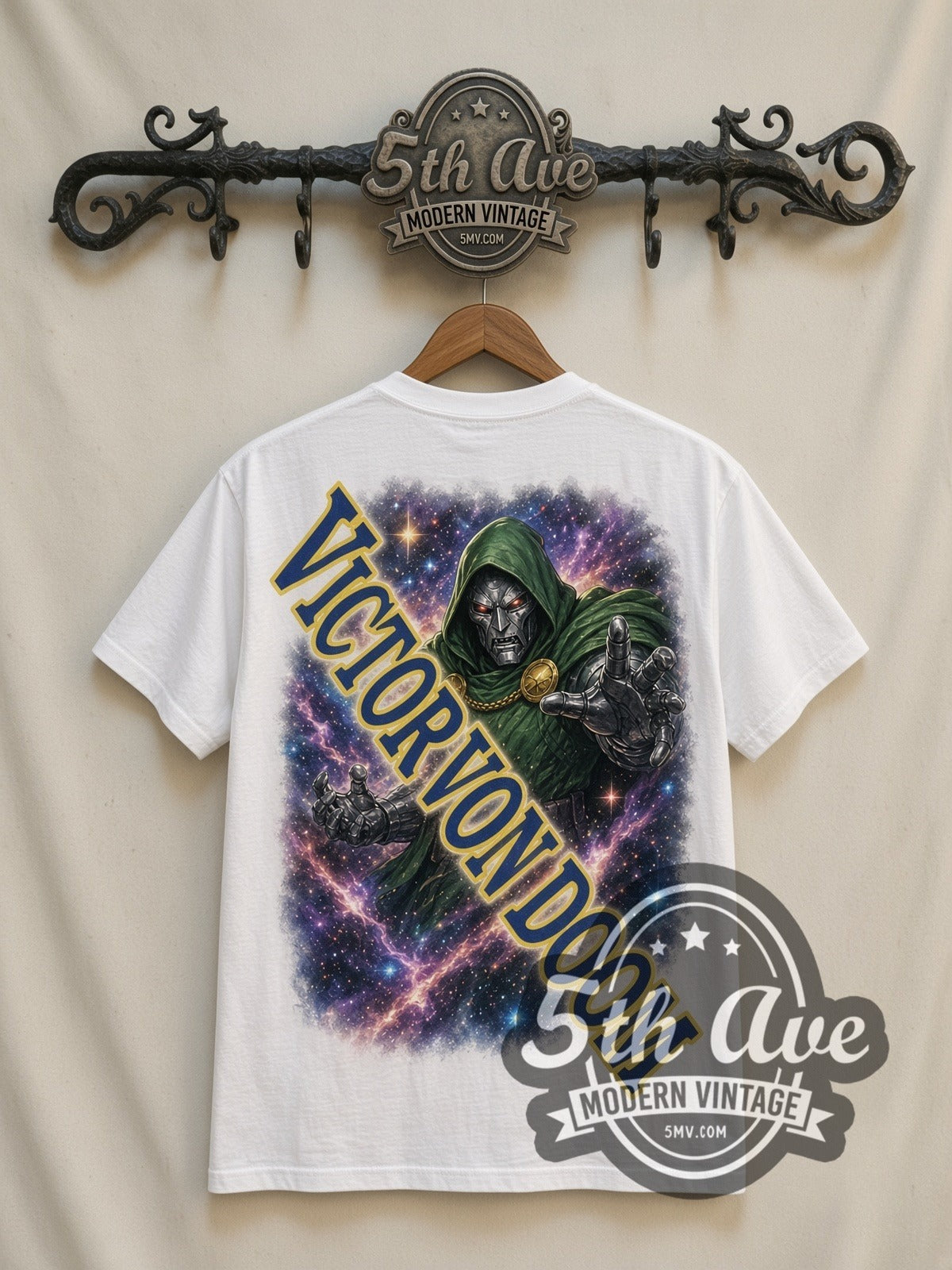 Marvel Dr. Doom Cosmic Battle all-over-print vintage cartoon t-shirt in white, back view on a display rack