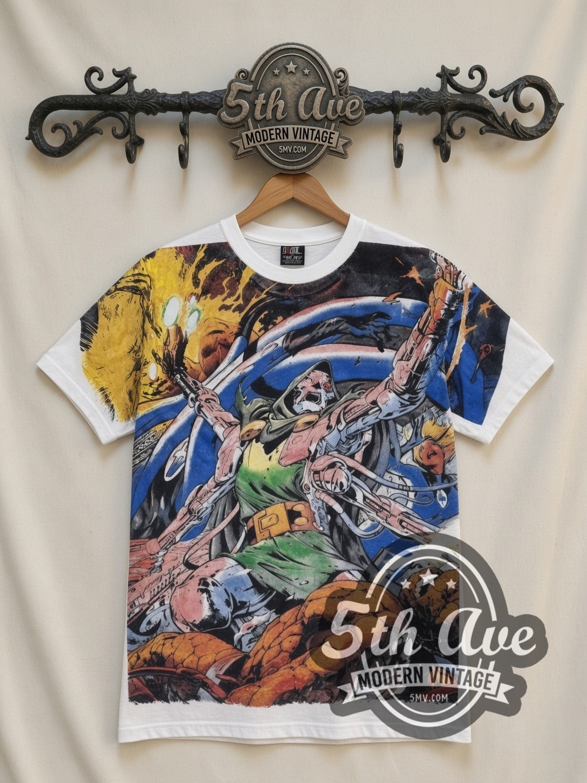 Marvel Dr. Doom Cosmic Battle all-over-print vintage cartoon t-shirt in white, front view on a display rack