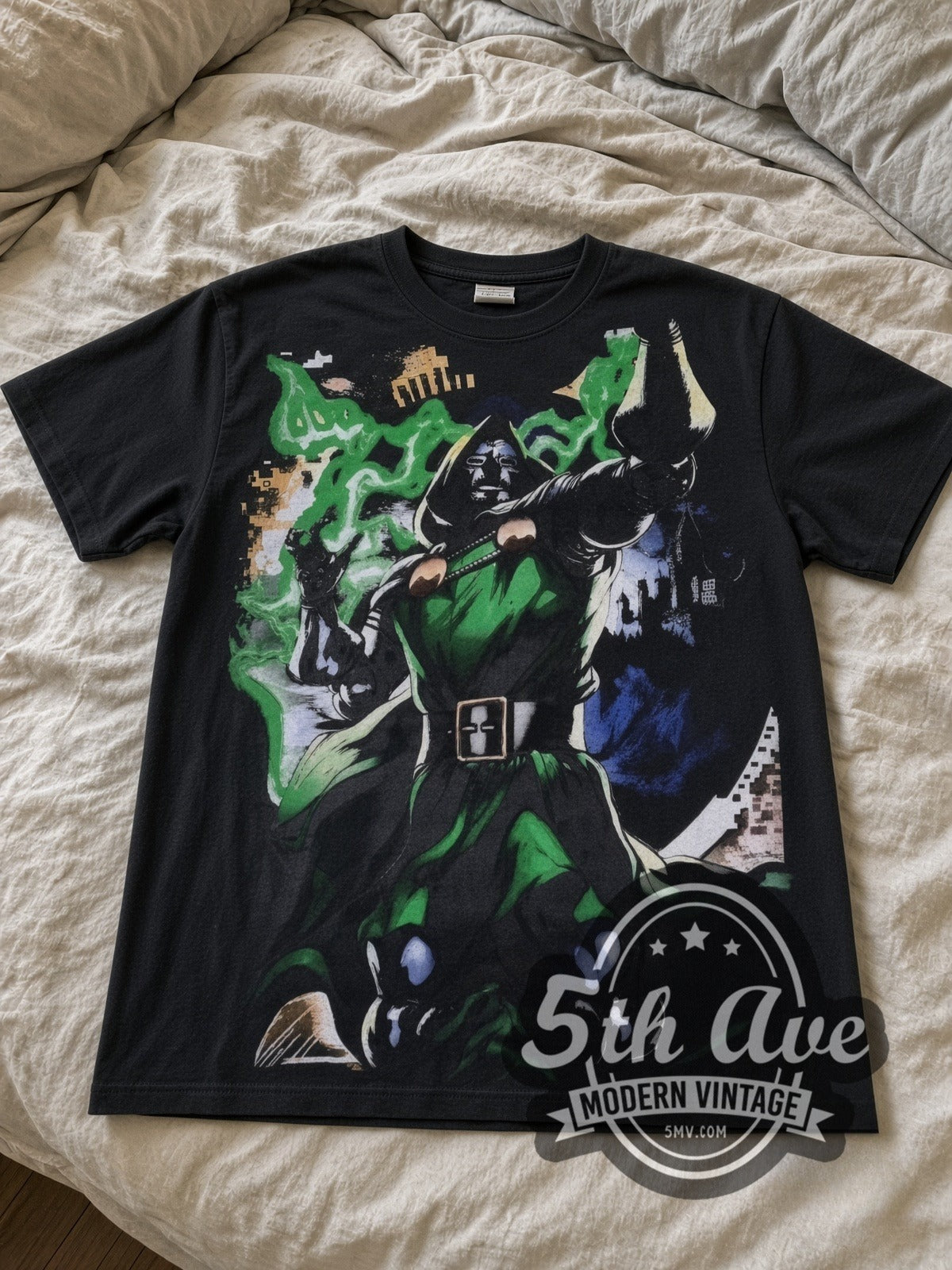 Marvel Dr. Doom Standing Portrait all-over-print vintage cartoon tee in black laid flat