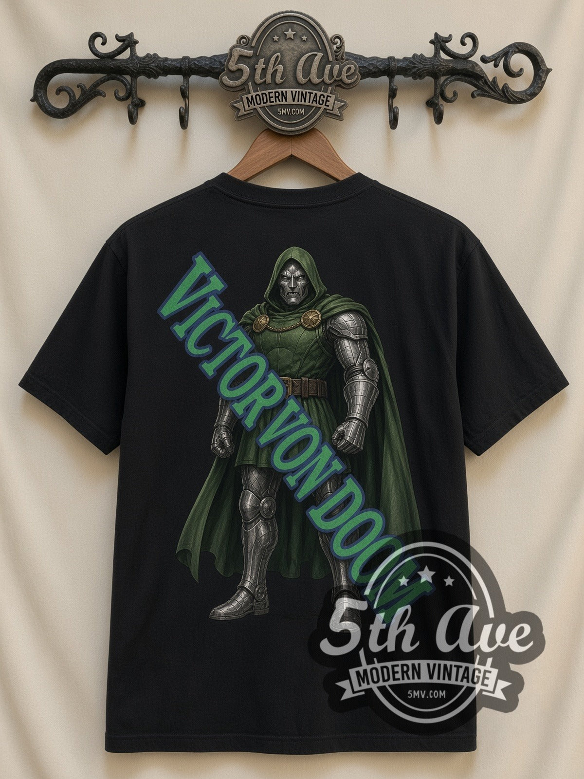 Marvel Dr. Doom Standing Portrait all-over-print vintage cartoon t-shirt in black, back view on a display rack