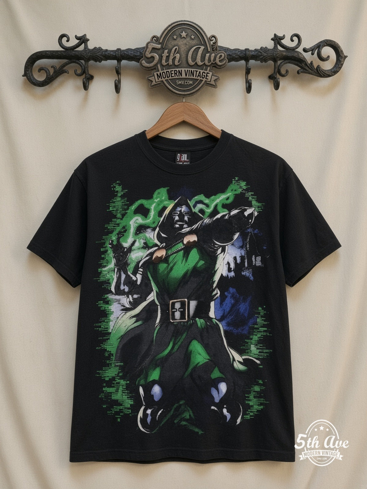 Marvel Dr Doom Standing Portrait all over print vintage cartoon t-shirt front on cream 5th Ave rack