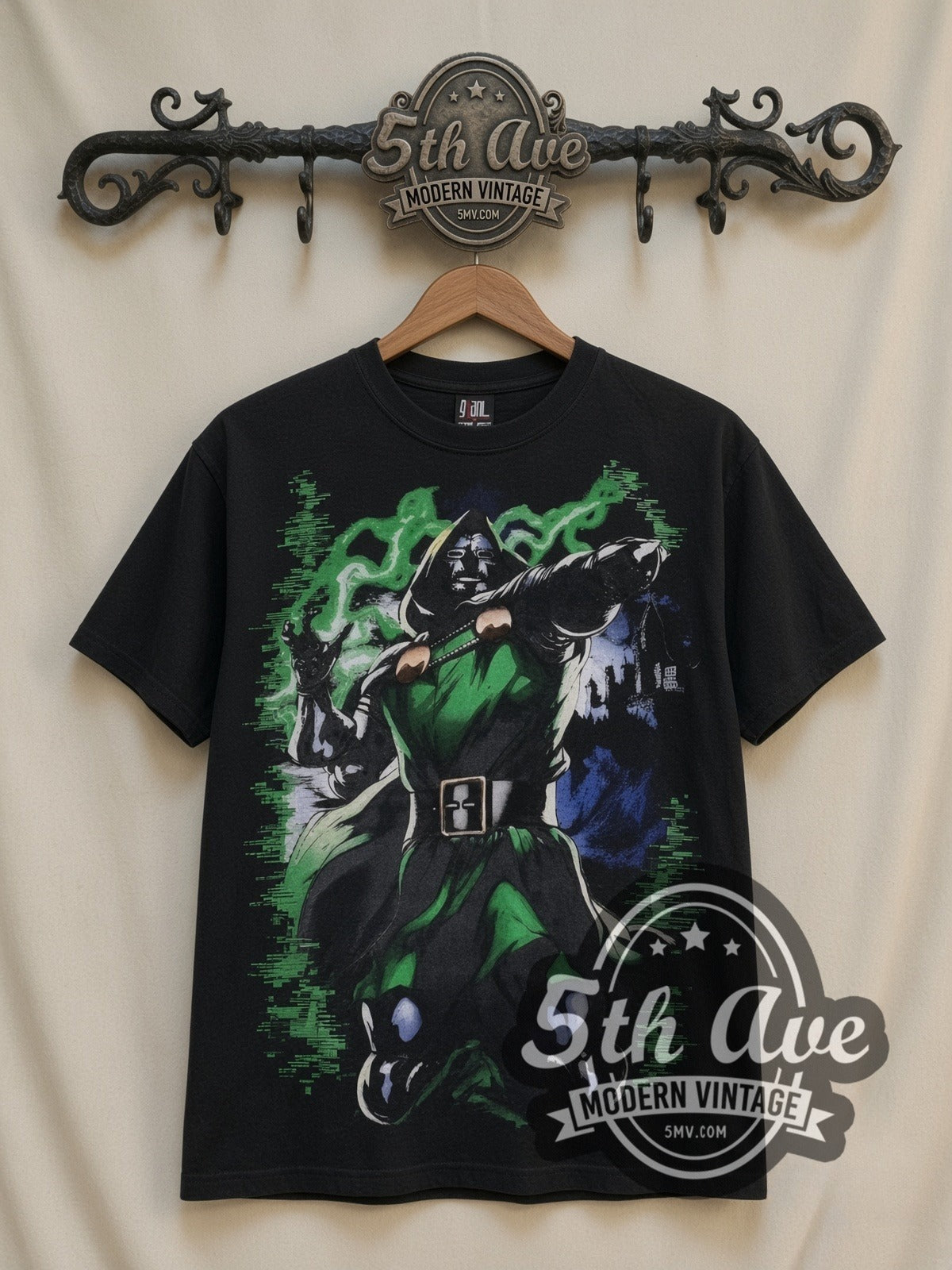 Marvel Dr. Doom Standing Portrait all-over-print vintage cartoon t-shirt in black, front view on a display rack