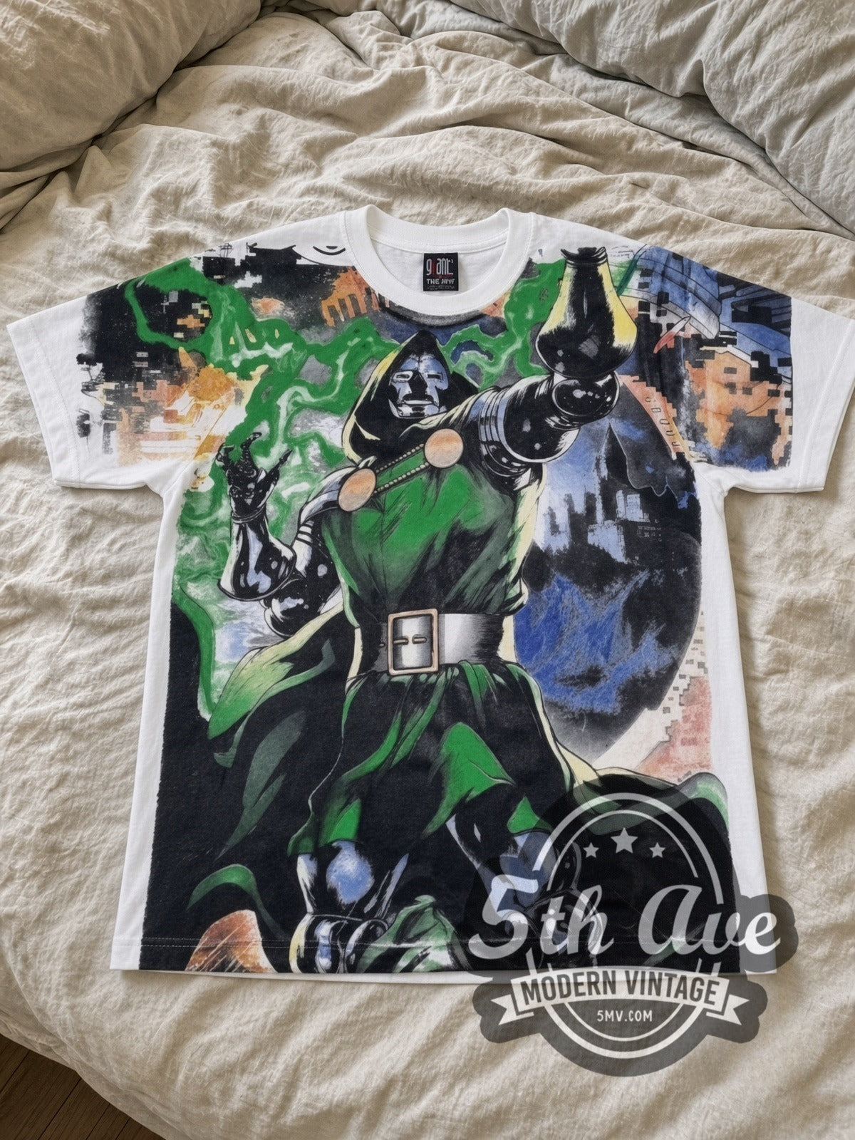 Marvel Dr. Doom Standing Portrait all-over-print vintage cartoon tee in white laid flat