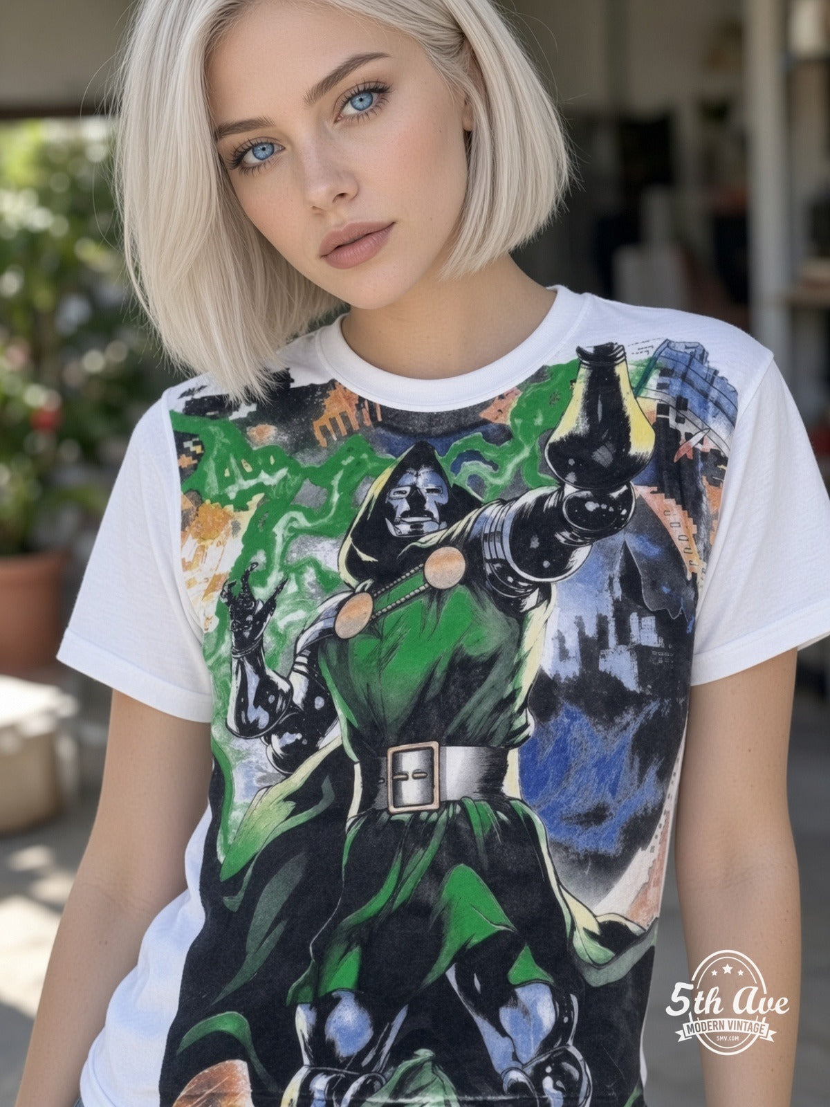 Marvel Dr Doom Standing Portrait vintage tee model wearing