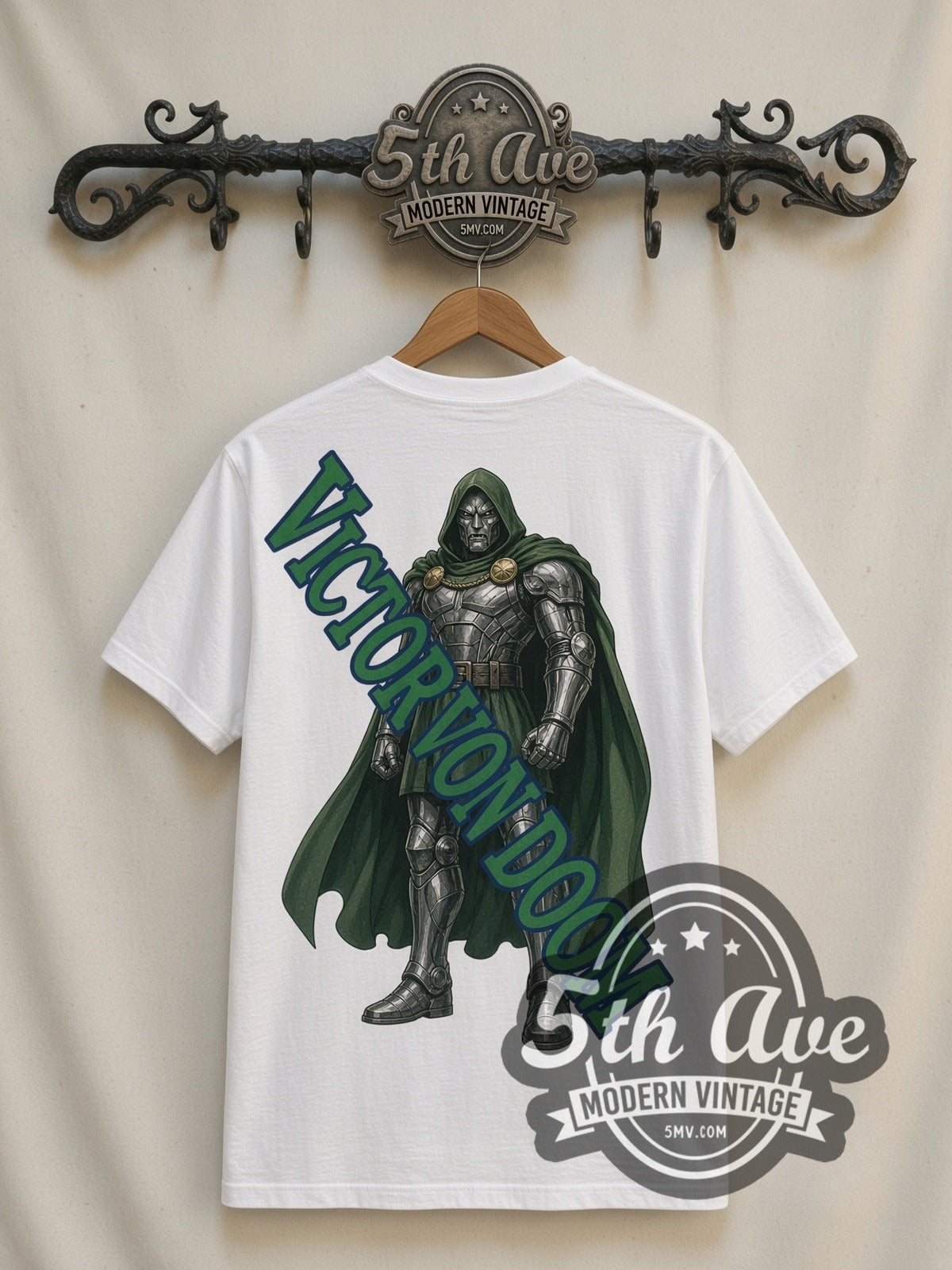 Marvel Dr. Doom Standing Portrait all-over-print vintage cartoon t-shirt in white, back view on a display rack