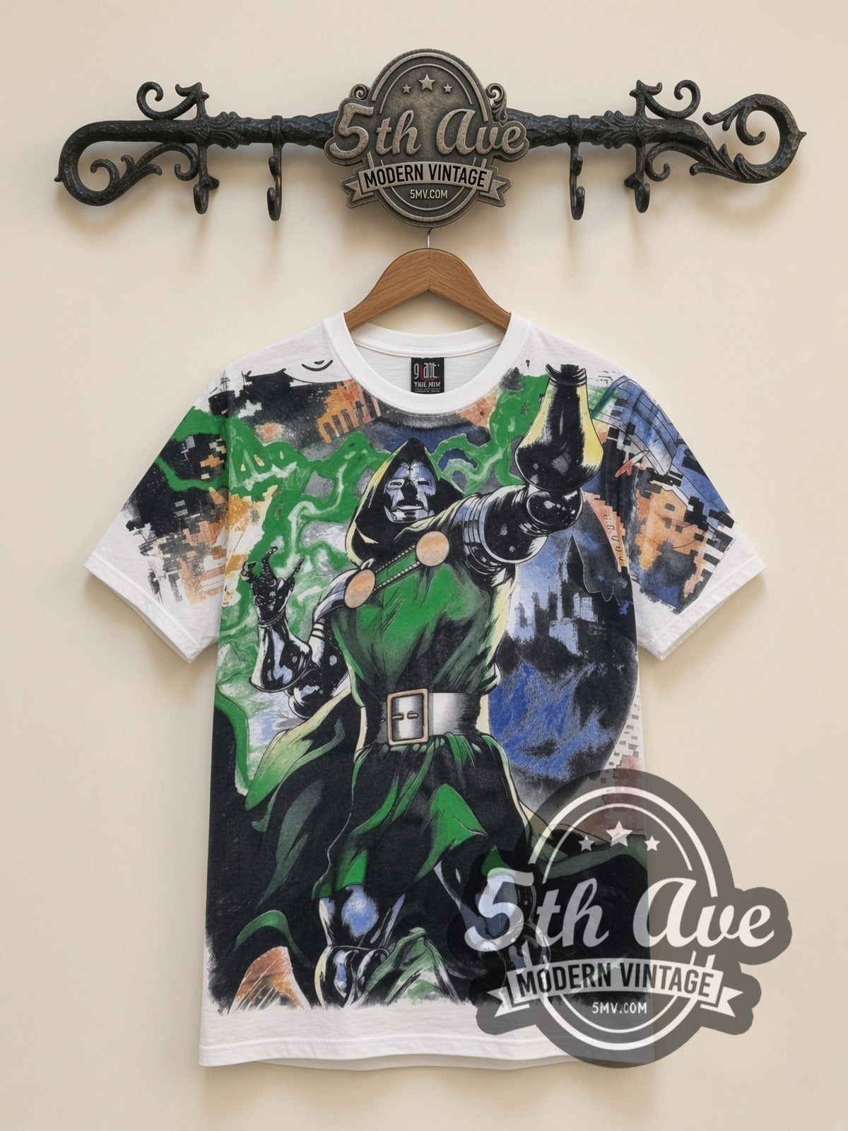 Marvel Dr. Doom Standing Portrait all-over-print vintage cartoon t-shirt in white, front view on a display rack