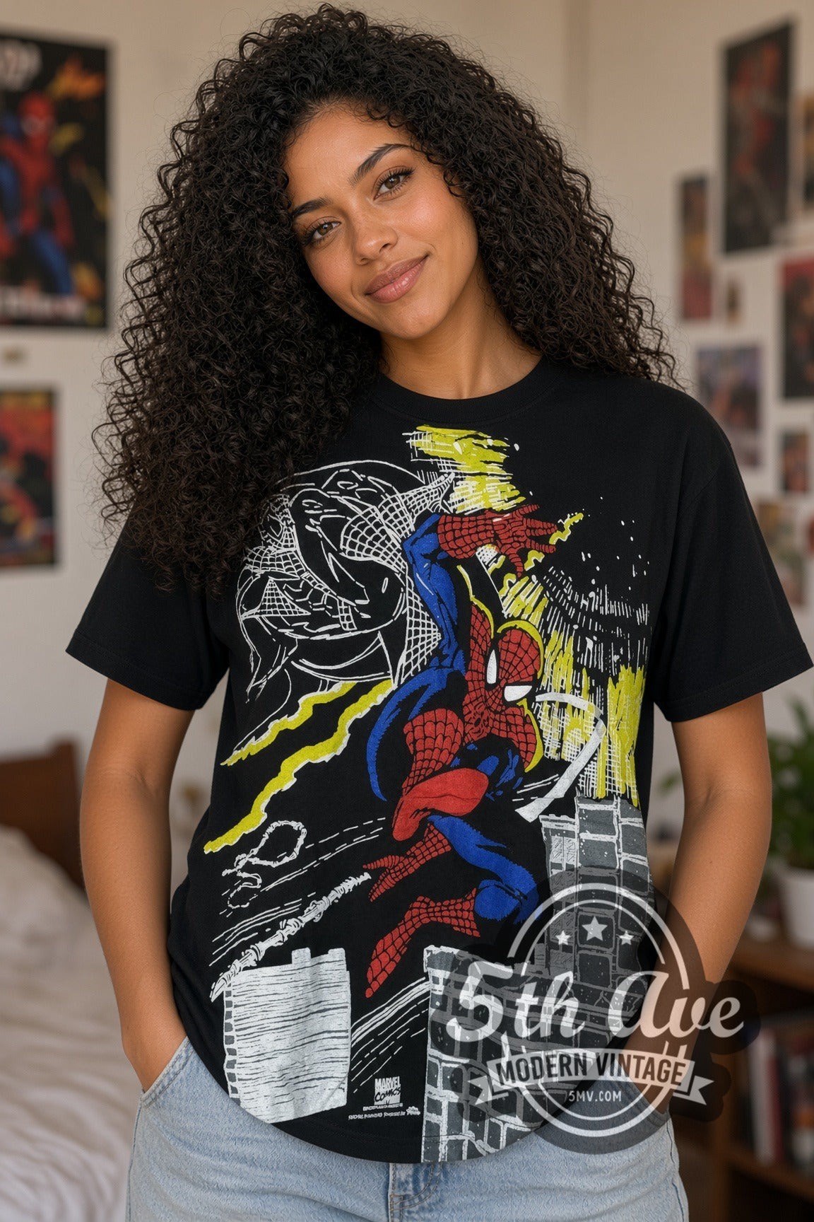 Model wearing the Marvel Spider-Man all-over-print black vintage comic tee