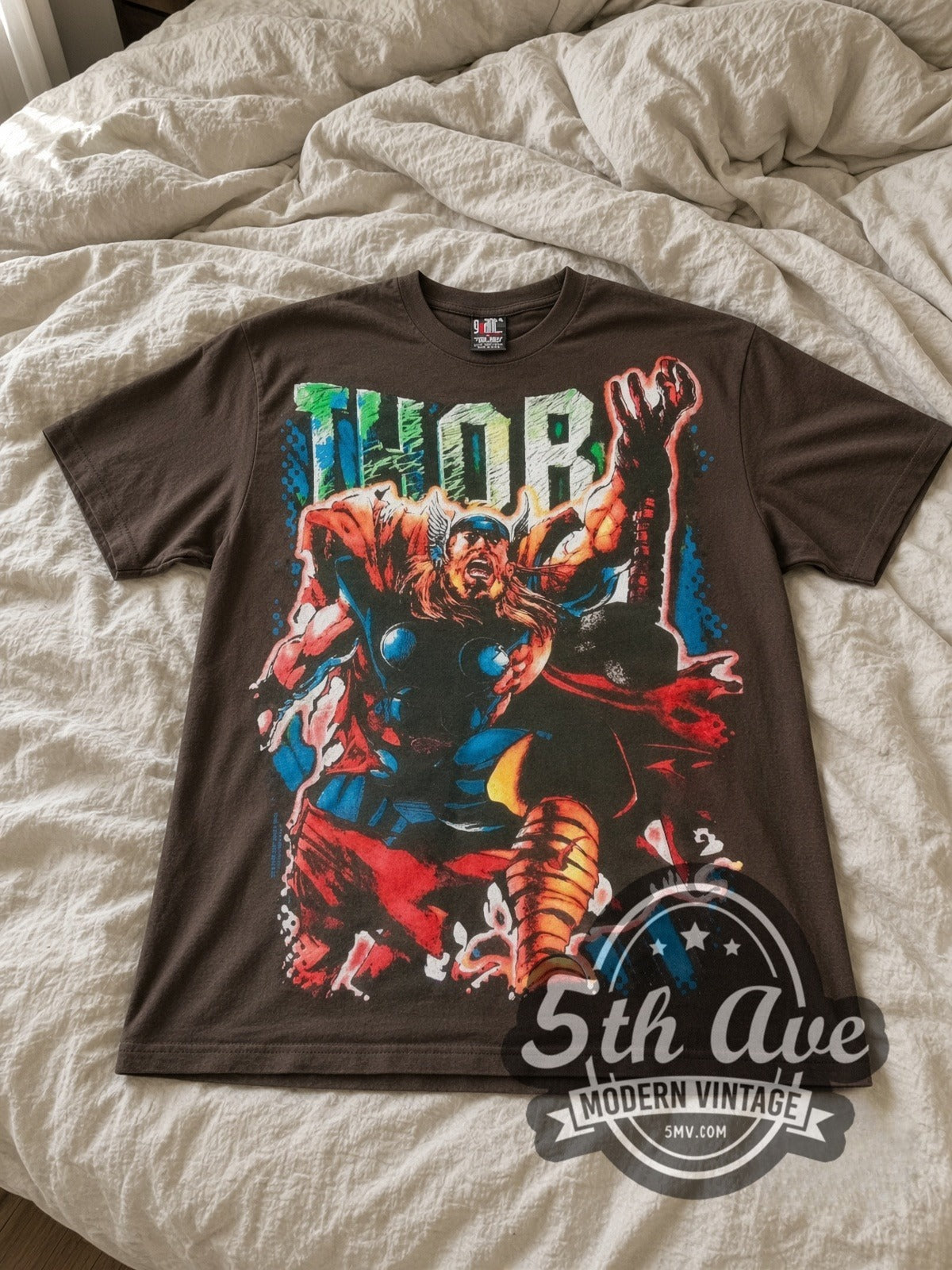 Marvel Thor Comic Action all-over-print vintage cartoon tee in brown laid flat