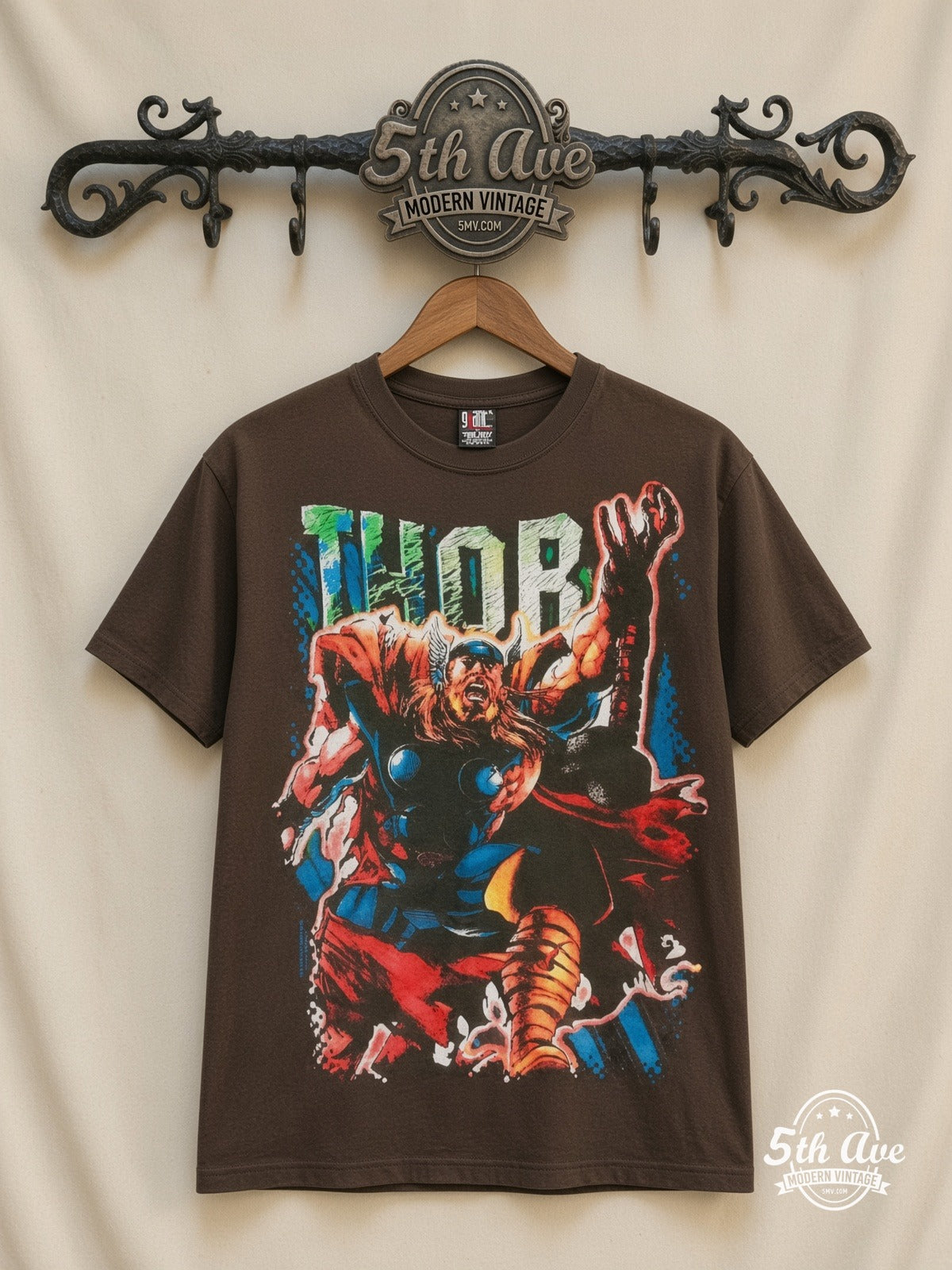 Marvel Thor Comic Action all over print vintage cartoon t-shirt front on cream 5th Ave rack