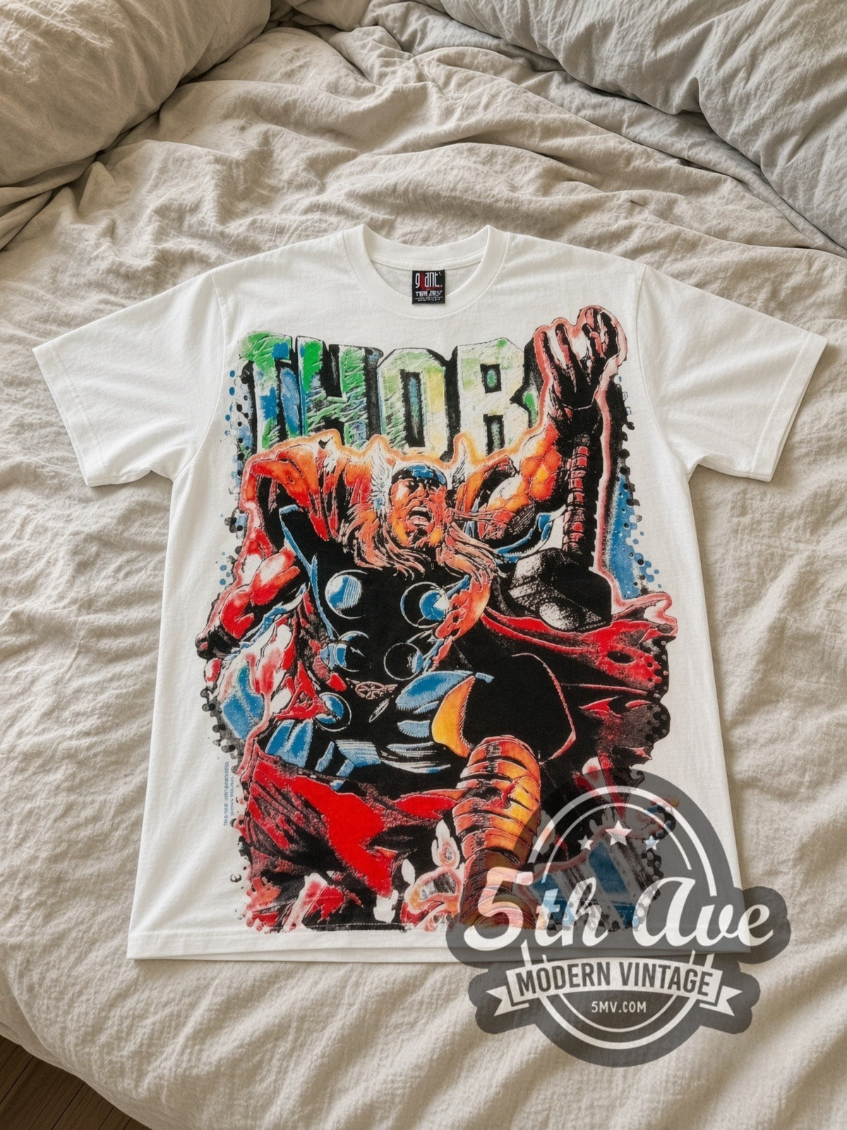 Marvel Thor Comic Action all-over-print vintage cartoon tee in white laid flat